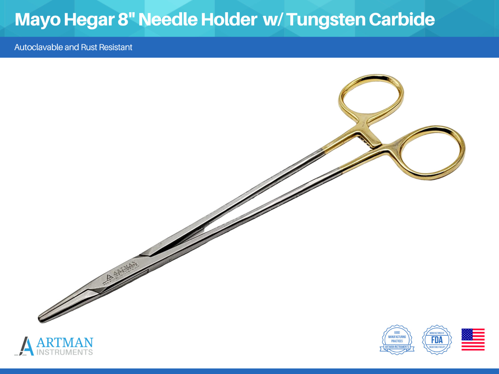 Mayo Hegar Needle Holder 8″ Surgical Needle Driver with Tungsten Carbide ARTMAN