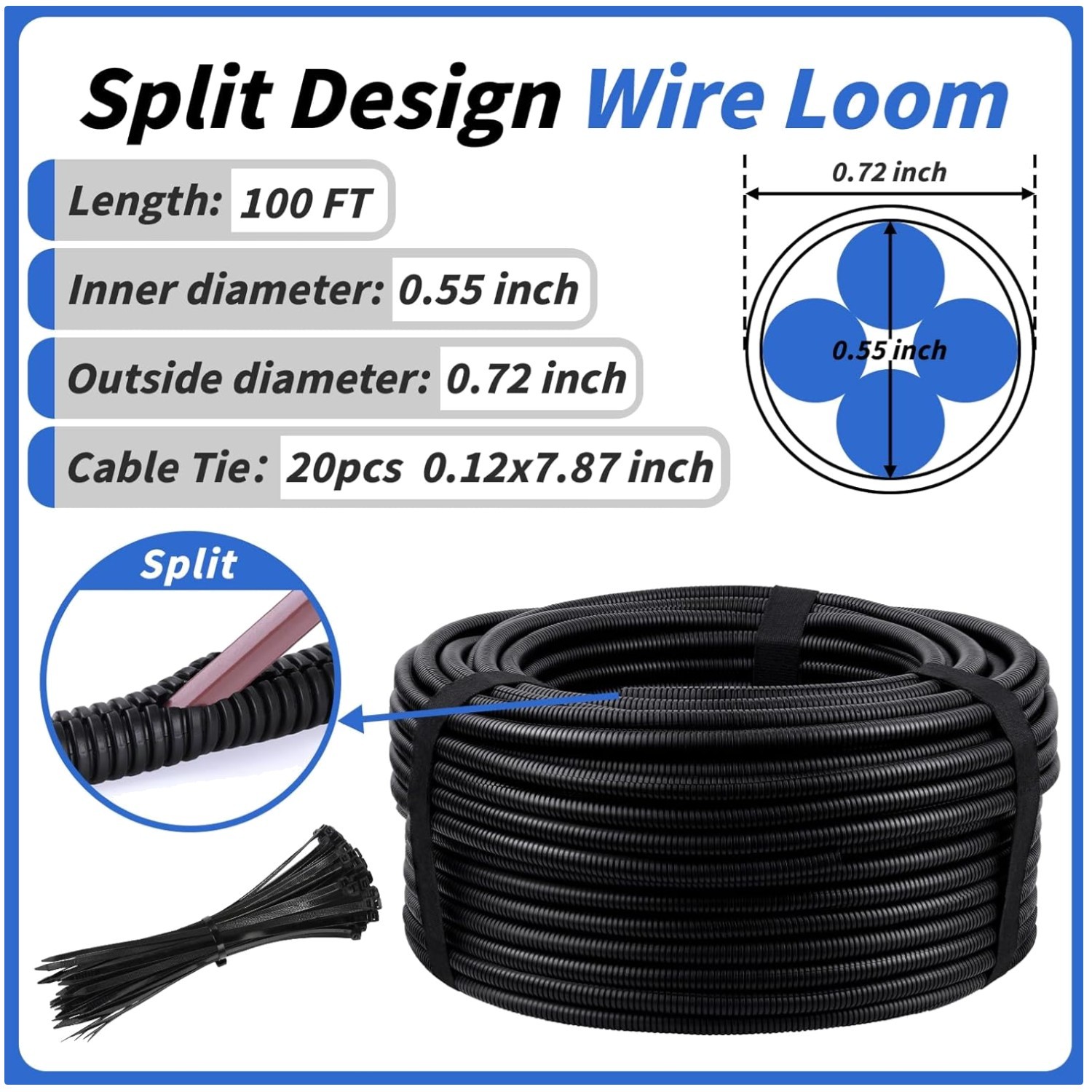 100FT Split Wire Loom Tubing, 3/4″ Automotive Cord Cover