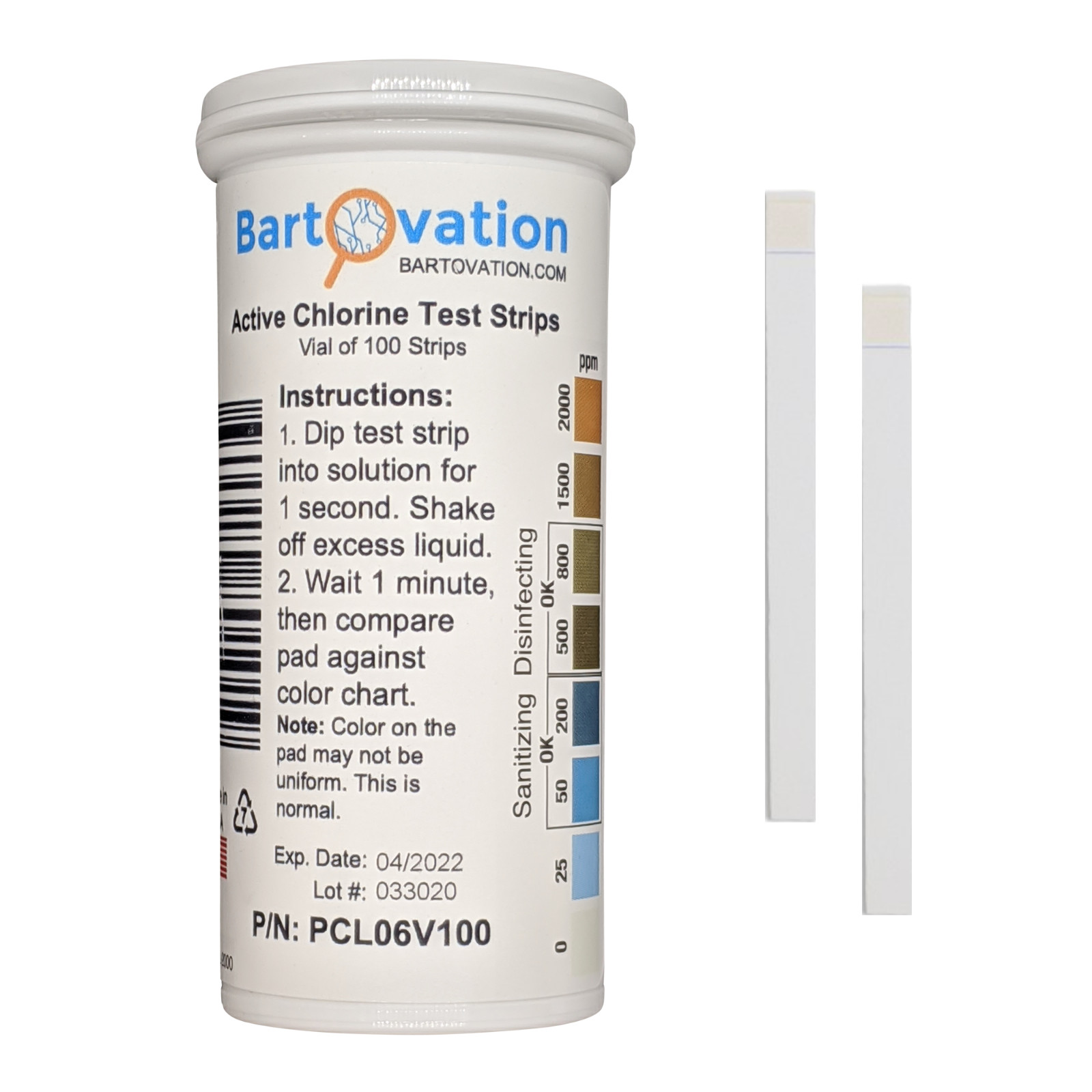 Active Chlorine Test Strips, 0-2000 ppm [Vial of 100 Plastic Strips]