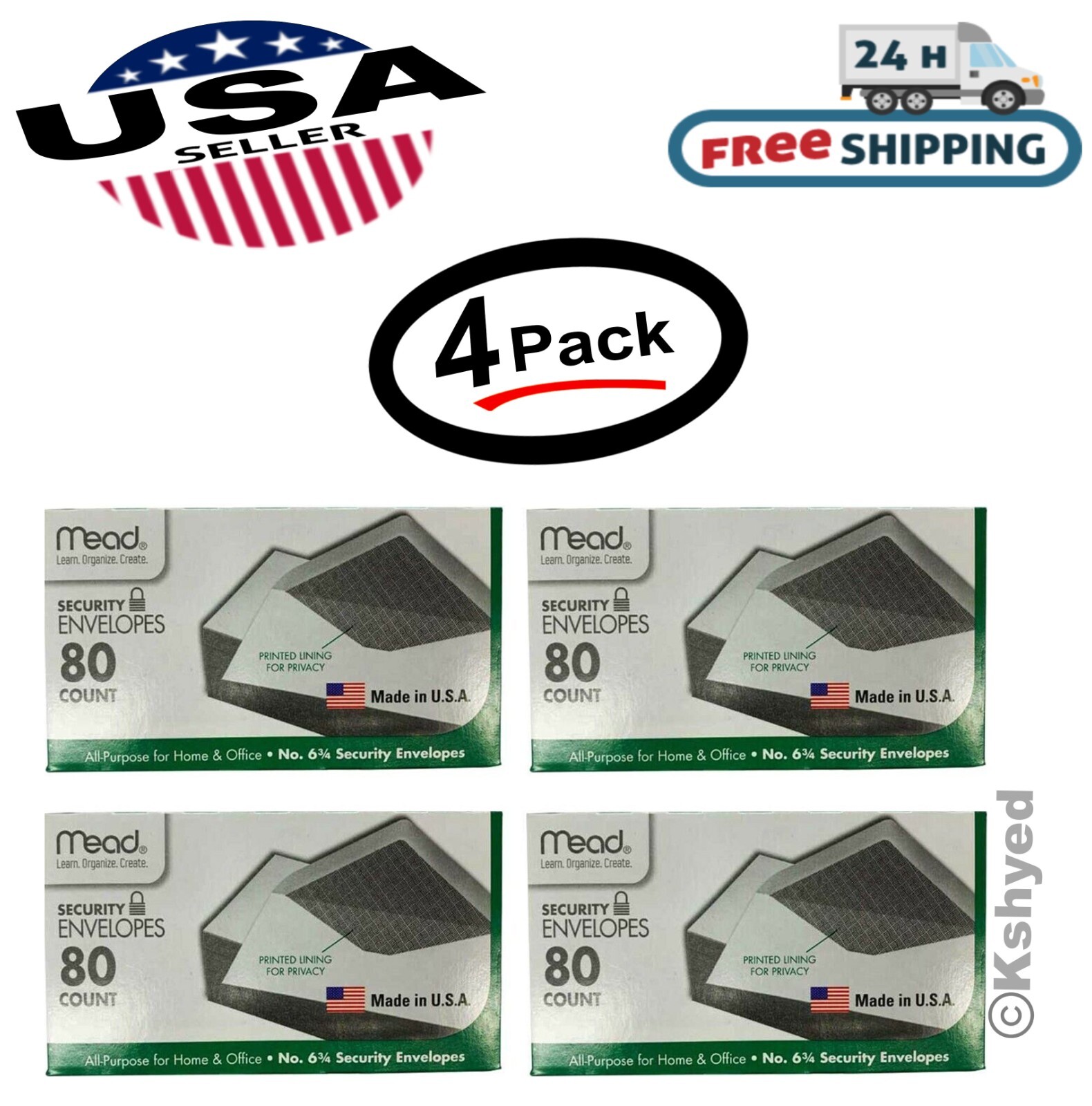 (4 Pack) Mead White Security Envelopes #6 3/4 • 3 5/8″ x 6 1/2″ 80 Ct each -New