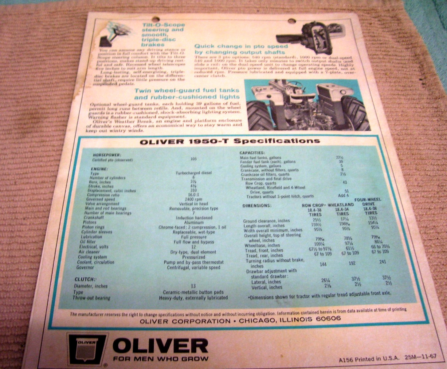 1967 Oliver 7 8 Plow 1950-T Tractor PTO 6 Cylinder Engine Brochure Specs 1950T