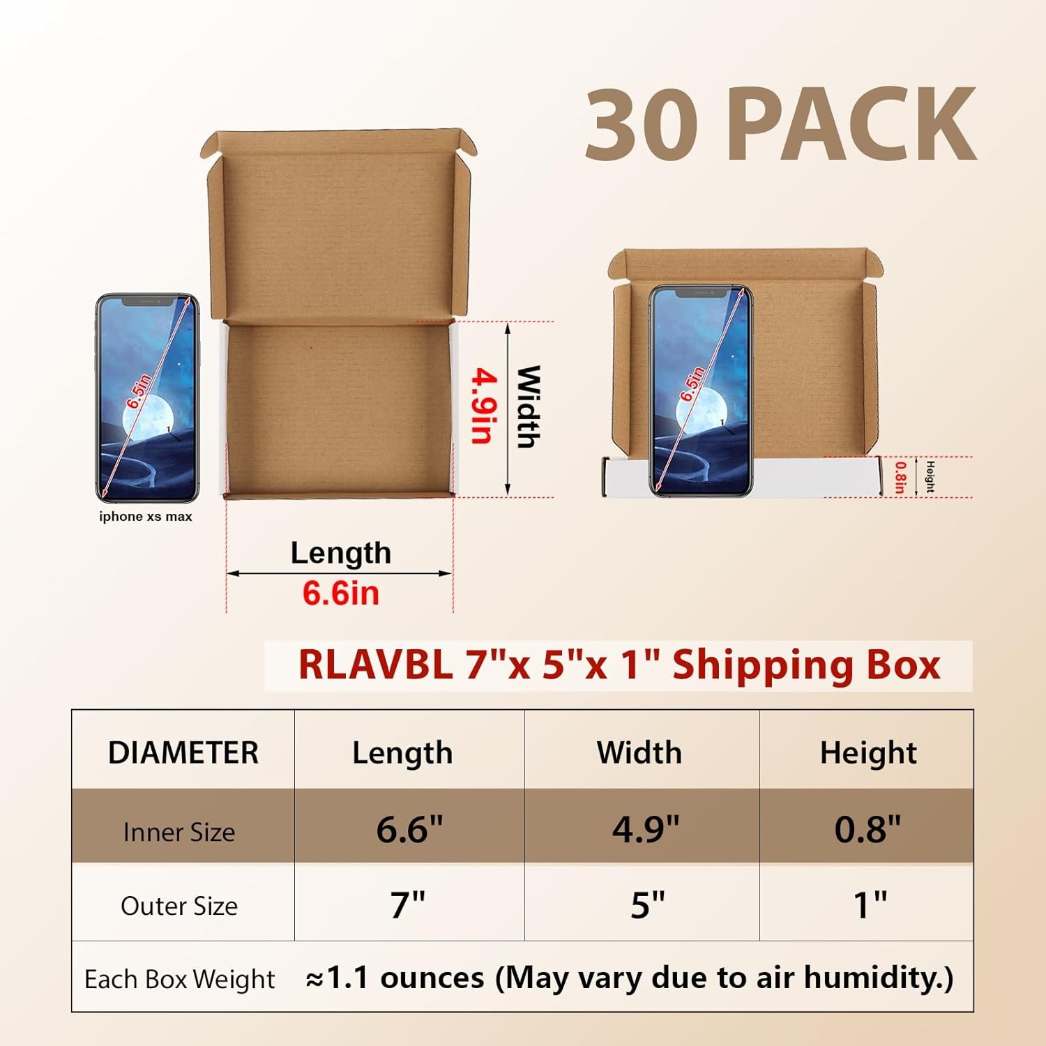 RLAVBL 7x5x1 Shipping Boxes Set of 30, White Corrugated Cardboard Mailer Box for