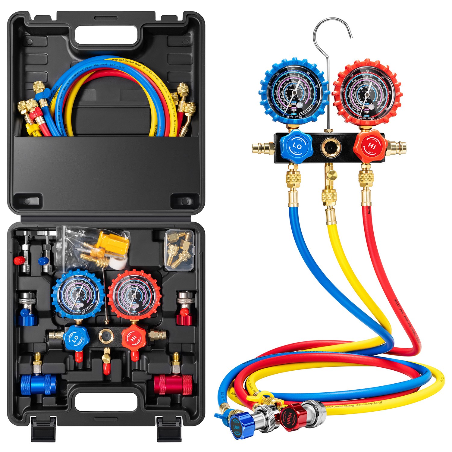 HVAC Manifold Gauge Set R134a R1234yf R410A R454B R32 AC Gauges w/ 5ft Hoses Kit