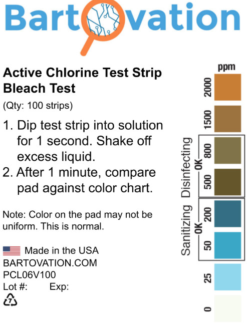 Active Chlorine Test Strips, 0-2000 ppm [Vial of 100 Plastic Strips]