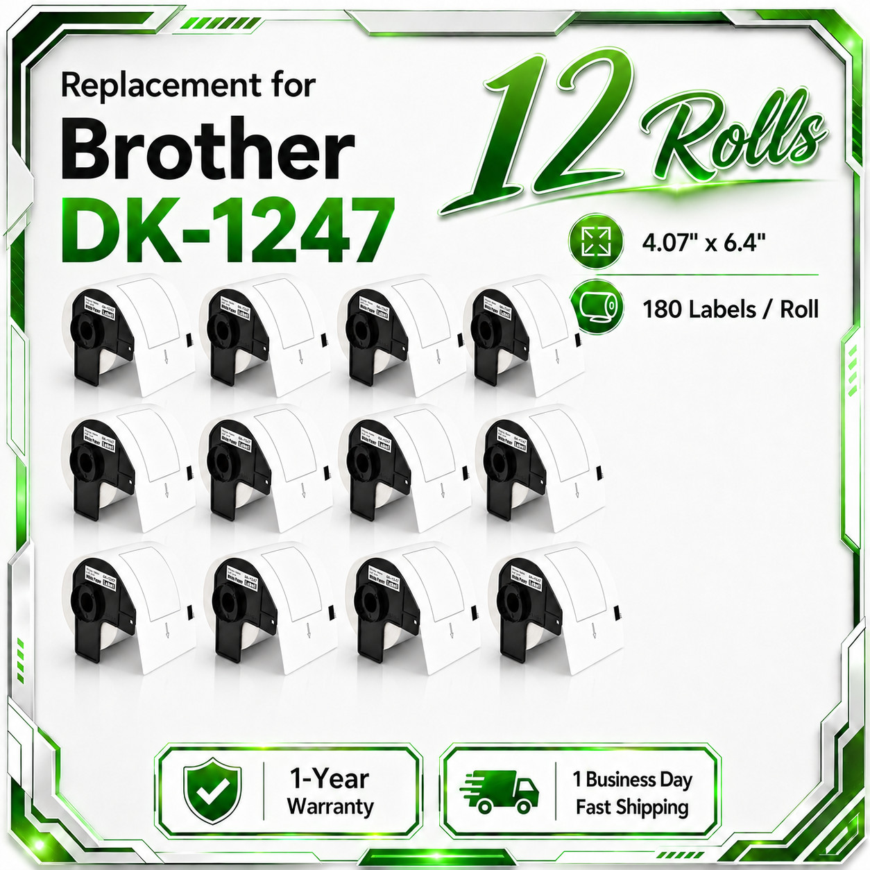 12Rolls DK-1247 Shipping Label 4.07 x 6.4 in Used in Brother QL Label Printers