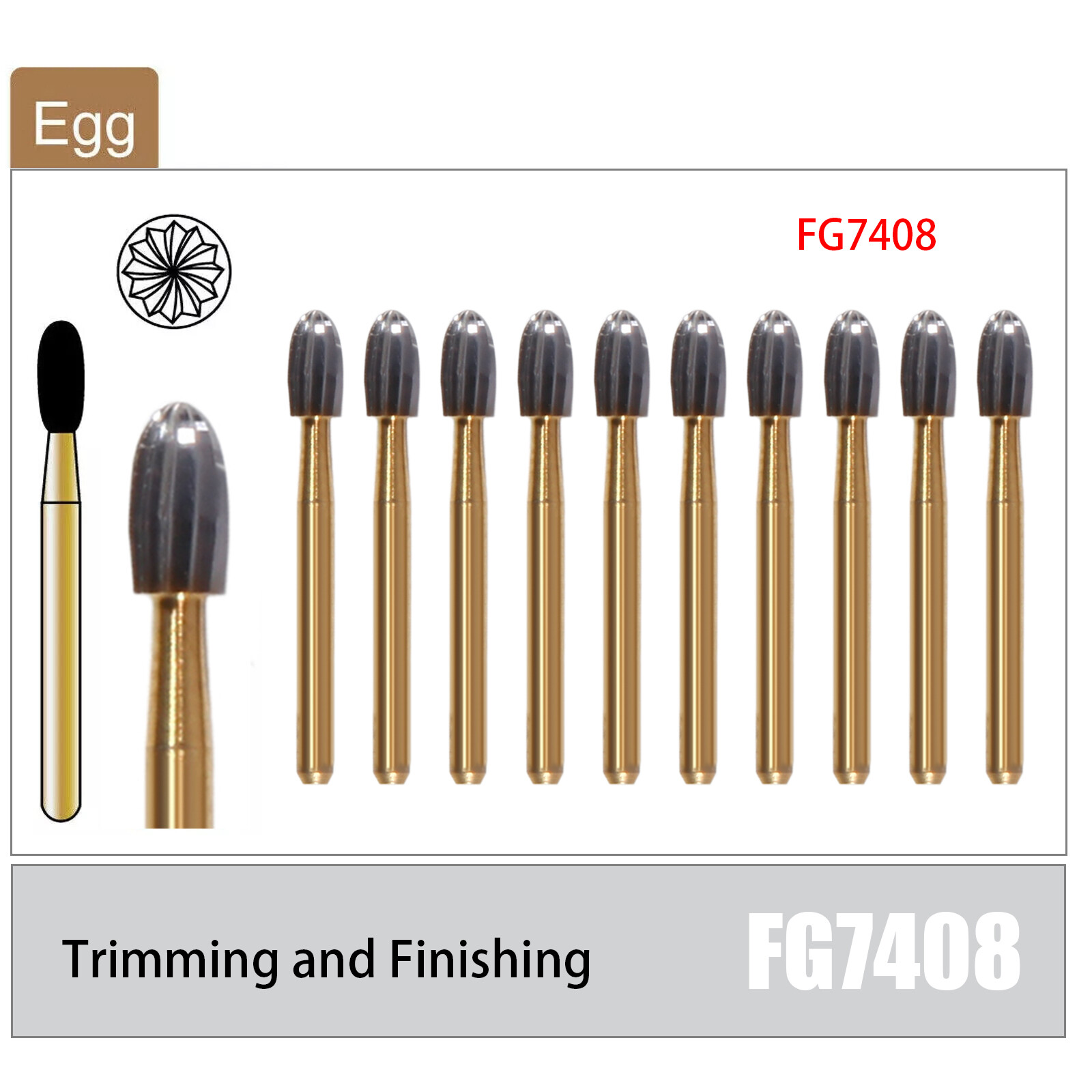10Pcs Dental Tungsten Carbide Burs Trimming & Finishing FG7408 19mm Egg shape SA