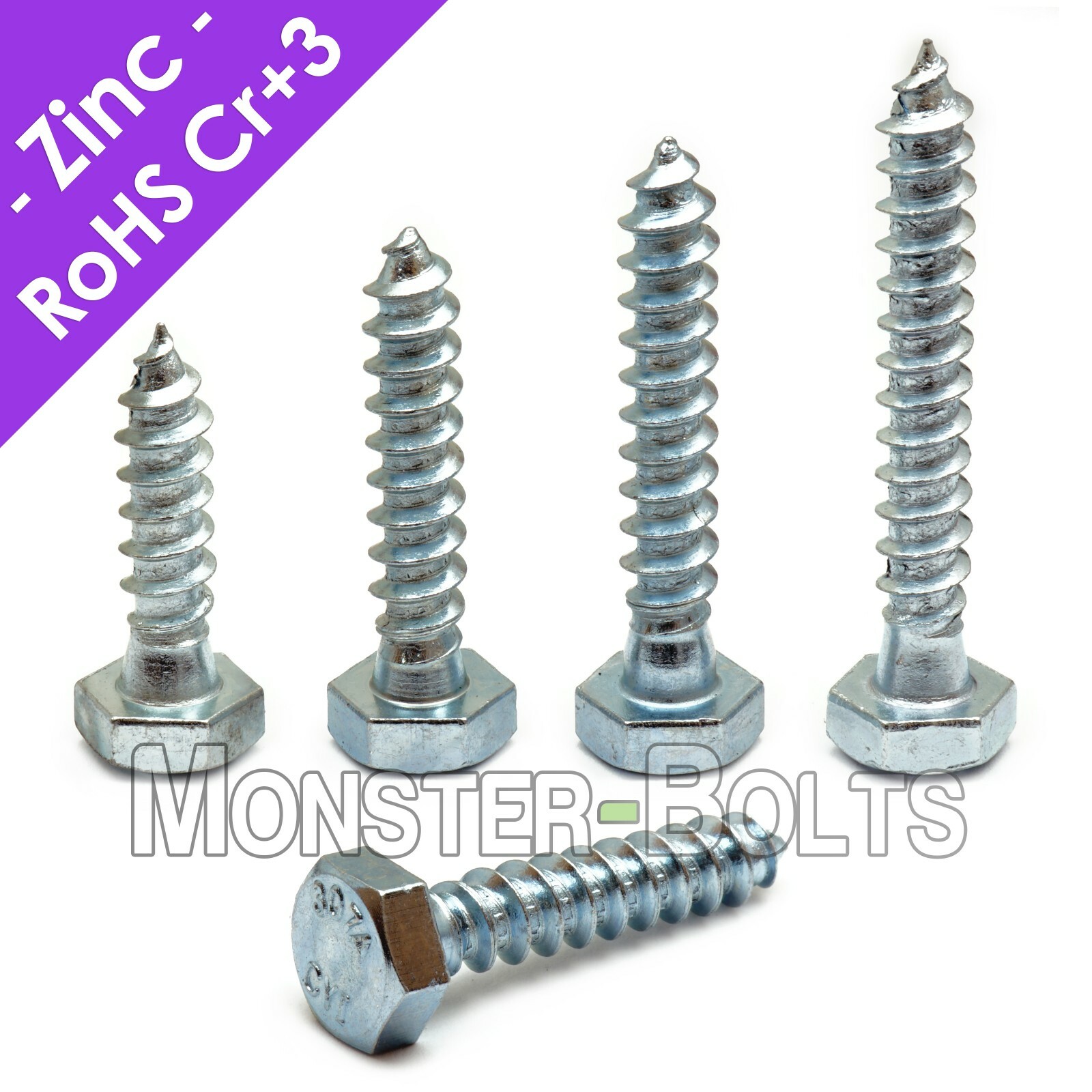 5/16″ Hex Lag Screws / Lag Bolts, Zinc Plated steel CR+3 RoHS (aka Coach Screw)