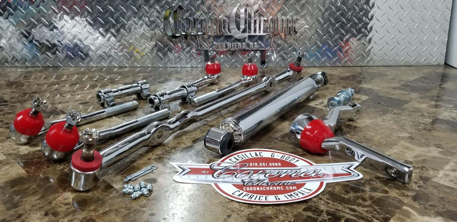 Chrome Steering Linkage Kit with Damper Shock 77-96 Cadillac/Caprice