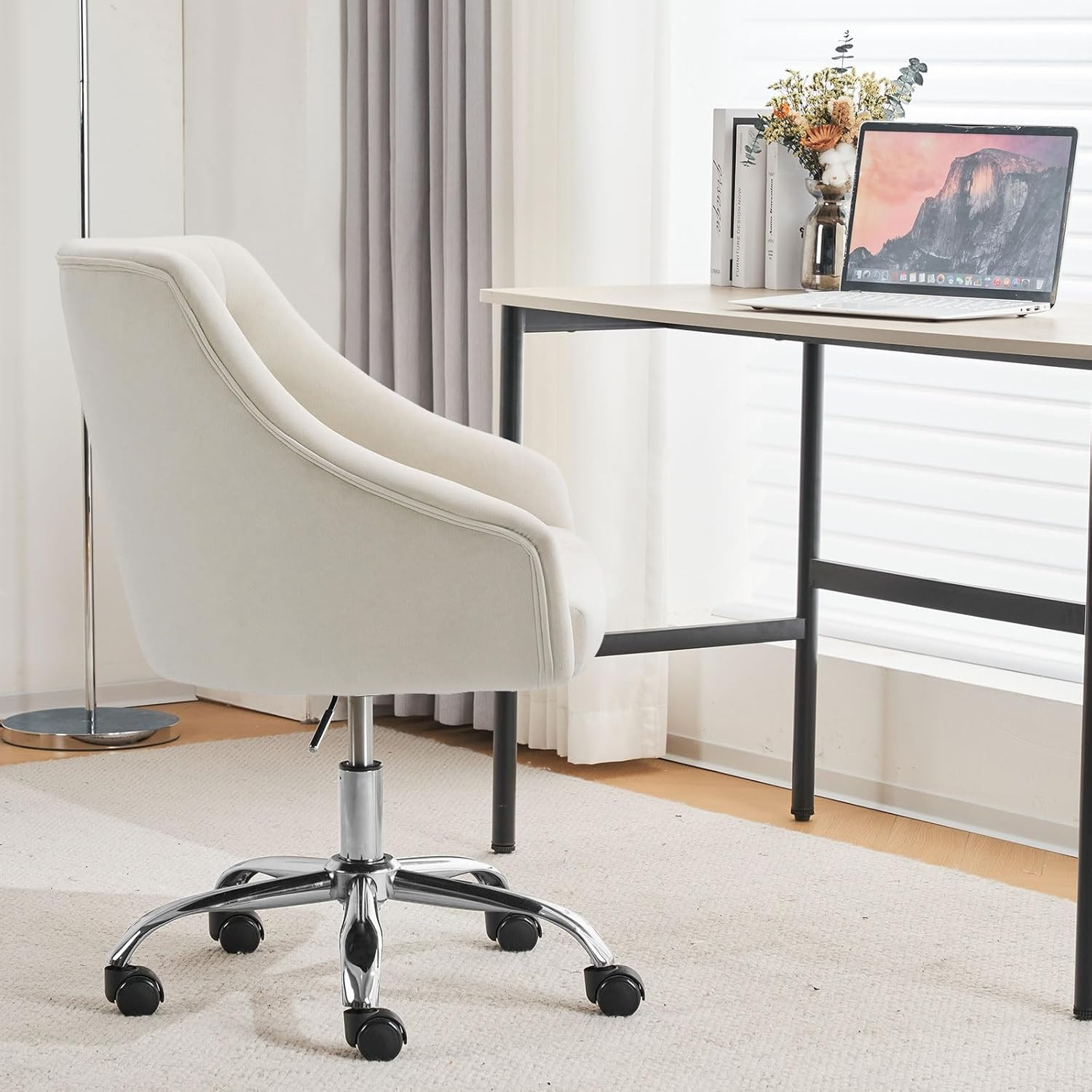 Chic Velvet Swivel Chair – Adjustable Gold Accent Office Chair for Girls (White)