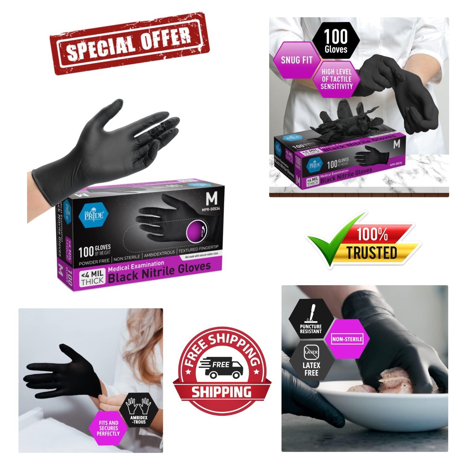 MedPride Nitrile Gloves Powder-Free, Large, Black, 100-Pack