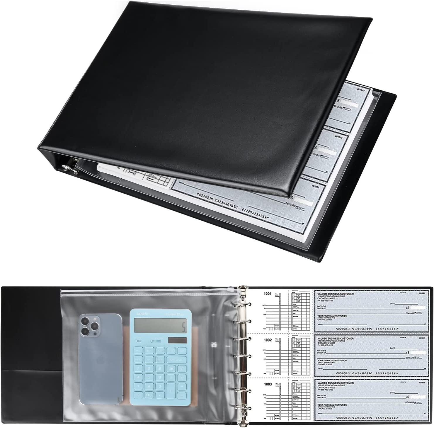 7 Ring Business Check Binder PU Leather Holds 600 Checks