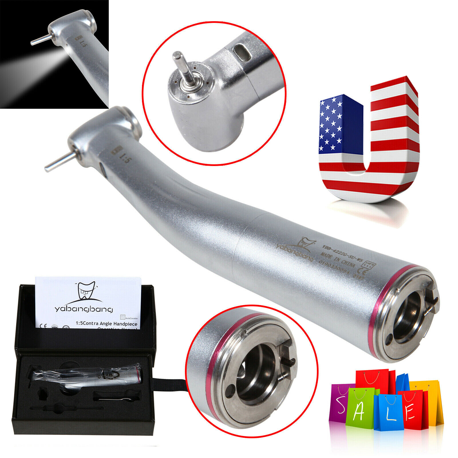 Dental 1:5 LED Fiber Optic Increase Contra Angle Handpiece 4 Way Spray USA