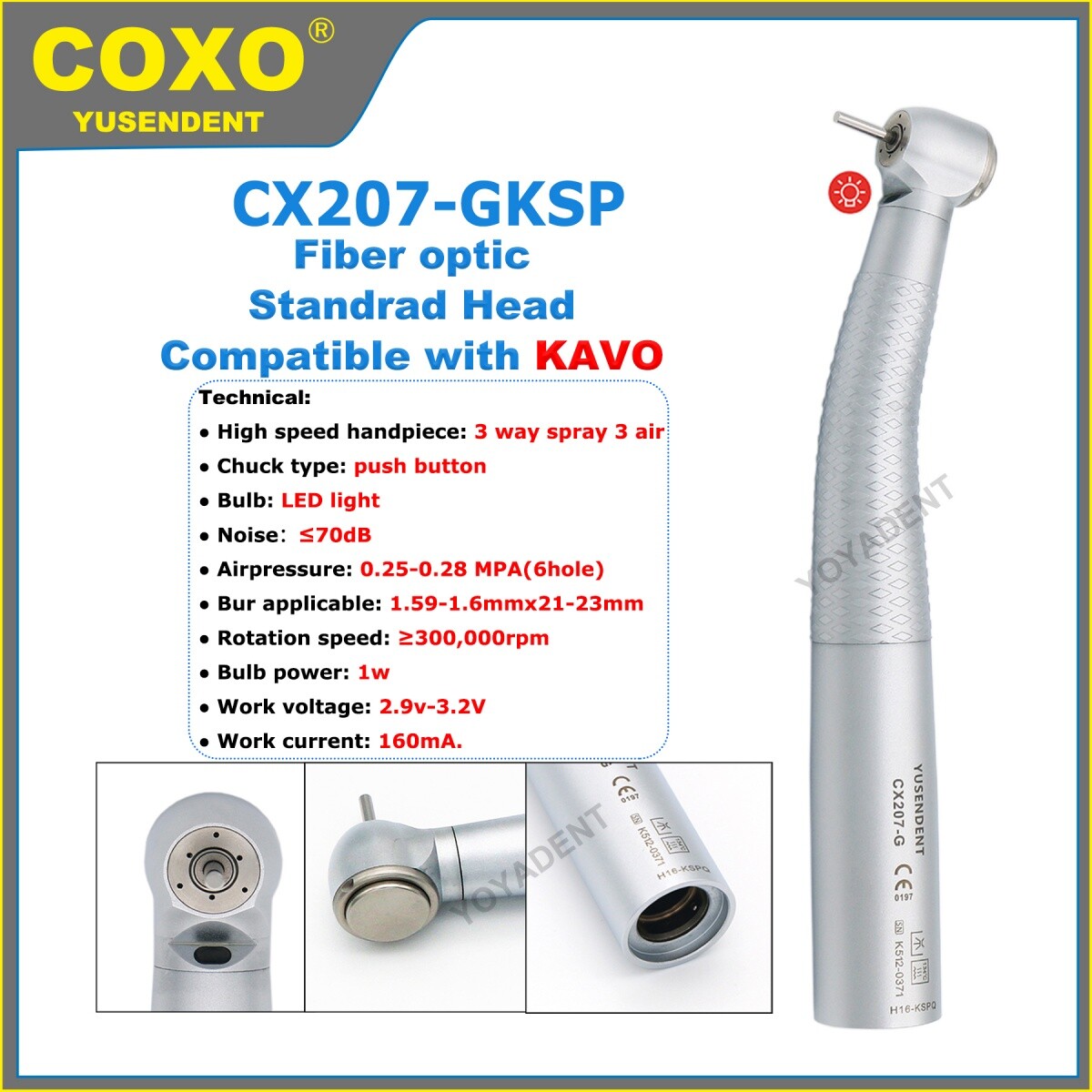 COXO Dental Handpiece Fiber Optic High Speed Turbine LED 6 Pin Coupling Fit KAVO