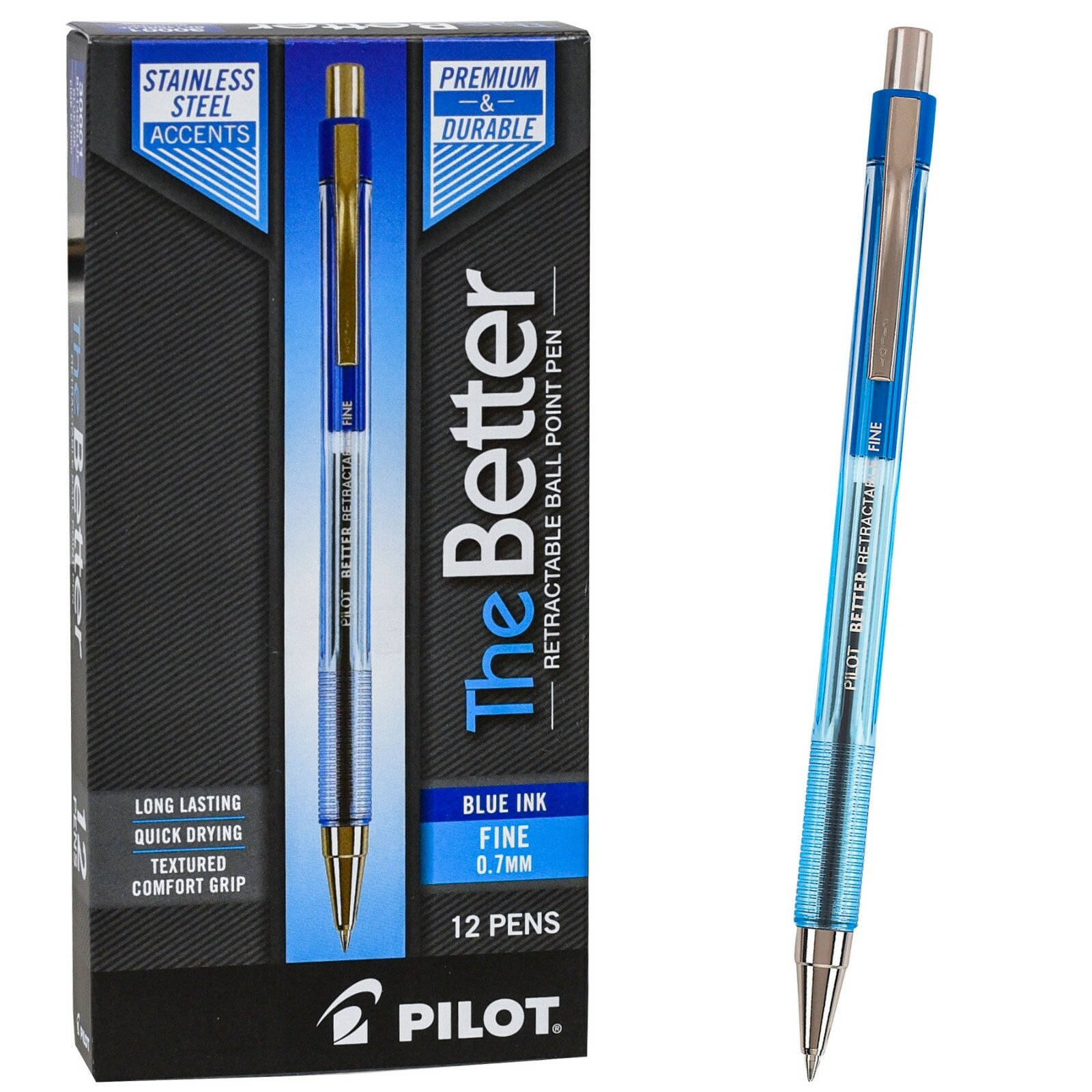 Pilot 30001 Better Retractable Fine Ball Point Pen, Blue Ink, 0.7mm, Box of 12