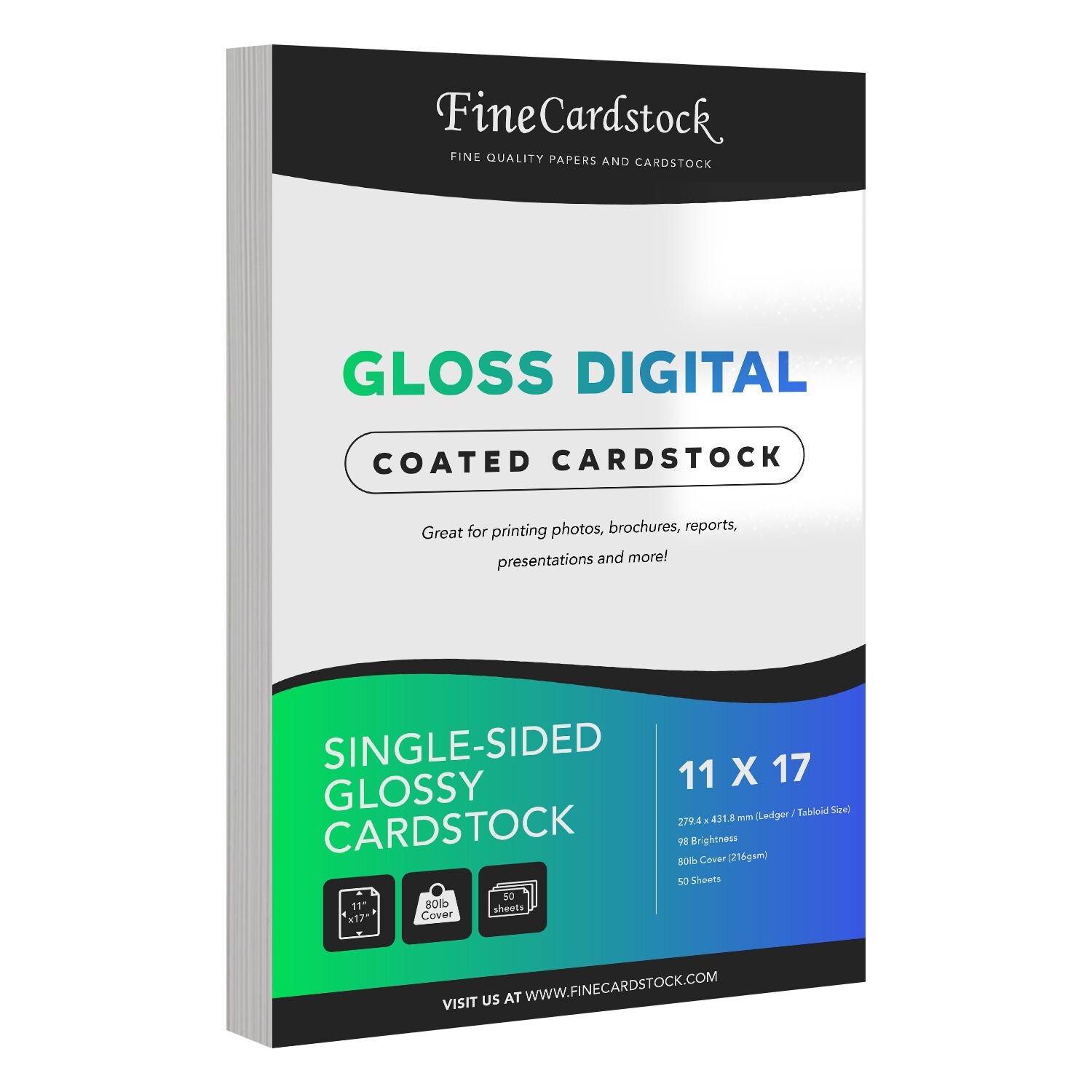 Single-Sided Gloss Cardstock (C1S) Heavy Glossy 80lb Cover, 11 x 17″, 50-Sheet