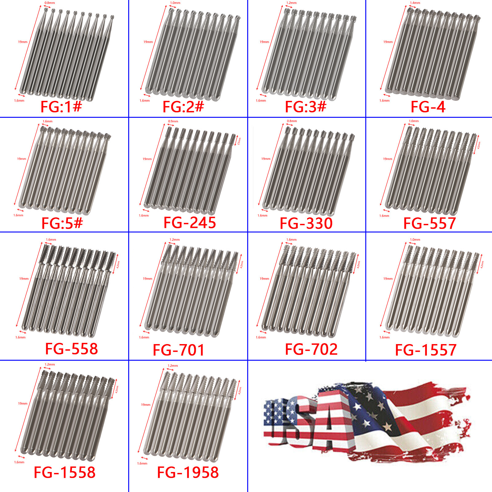 Dental Tungsten Carbide Steel Burs FG1 FG2 FG245 FG330 for High Speed Handpiece