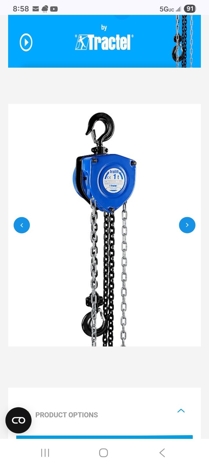 Tractel Inc. USA tralift 1 ton 30ft Chain Hoist W/1t Hook 6 x 18mm Grade 50 Blue