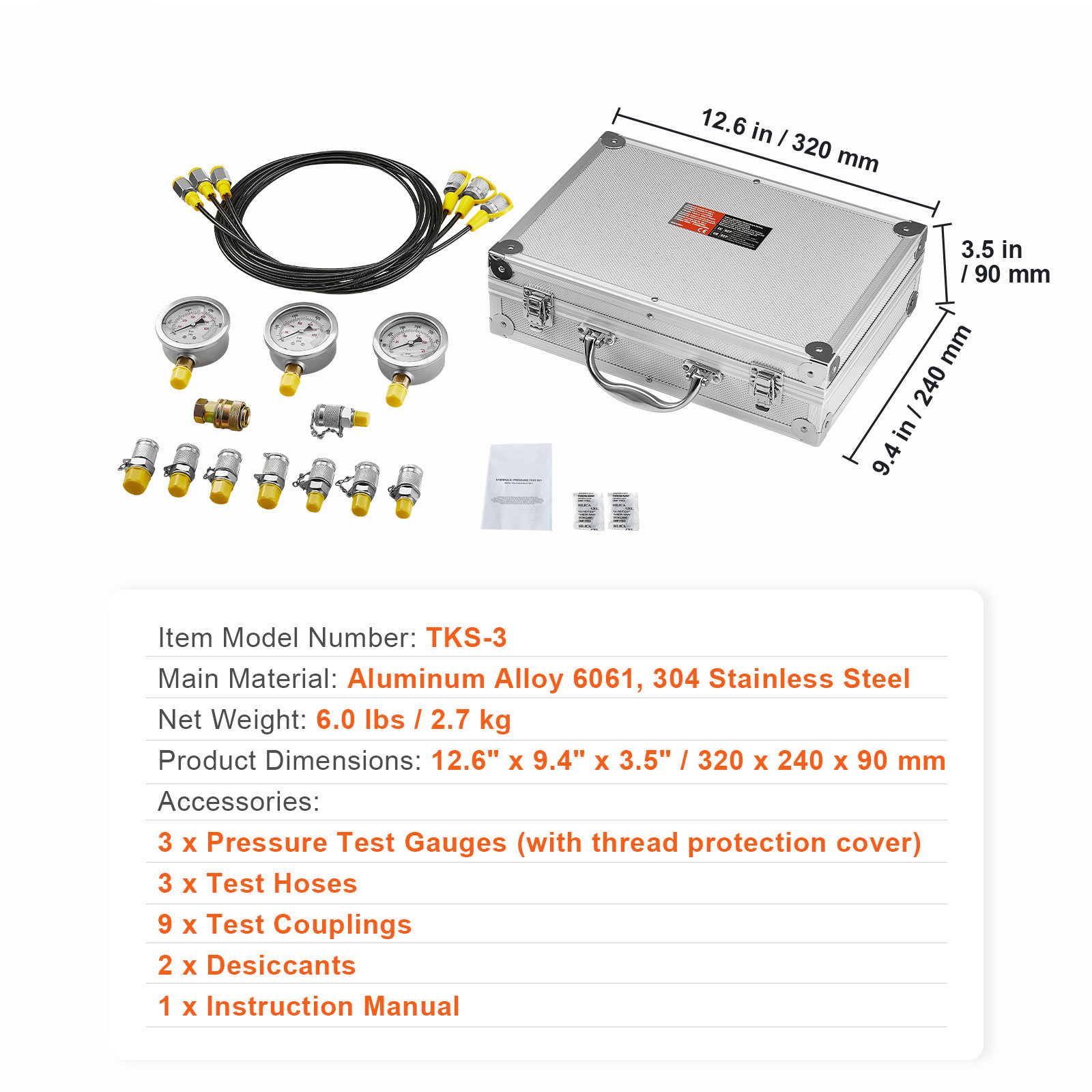 Hydraulic Pressure Test Kit 3 Gauges 9 Test Couplings 3 Test Hoses Case