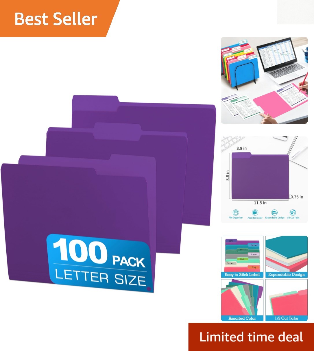 100 Packs Purple Colored File Folders with 1/3 Cut Tabs – Perfect for Organiz…
