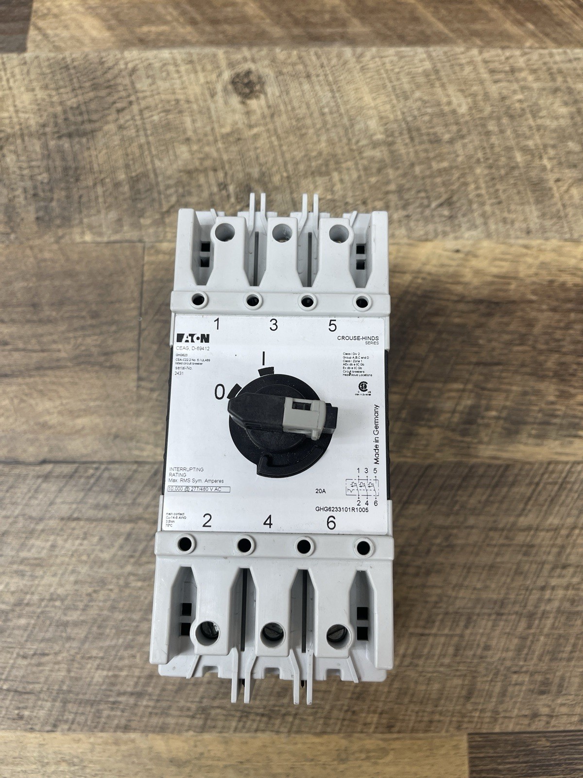 Eaton Crouse-Hinds D-Series C20A 3-Pole DIN Rail Mount Motor Circuit Breaker