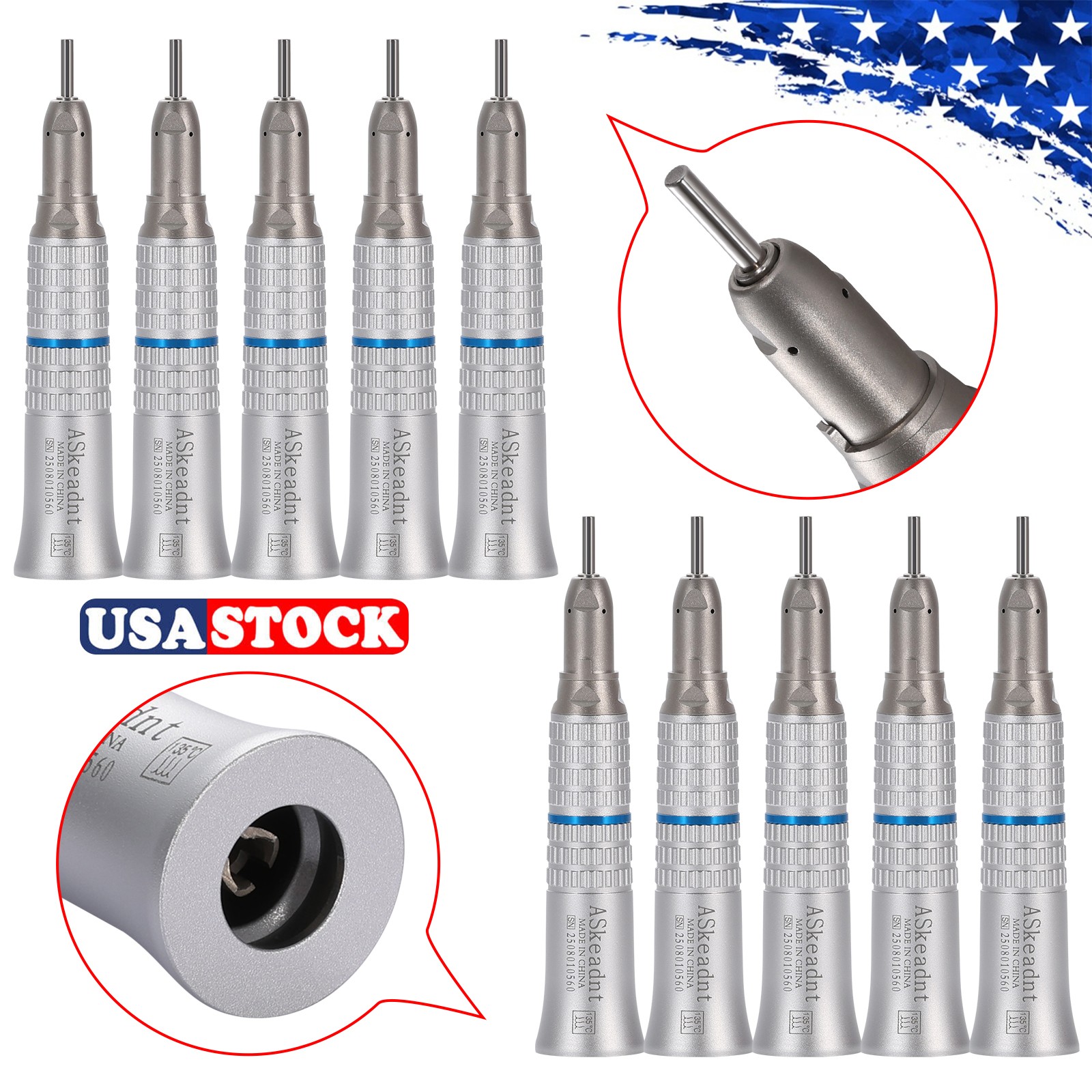 10pcs ASkeadnt Dental 1:1 Low Speed Straight Handpiece Fit HP Burs 2.35mm E-type