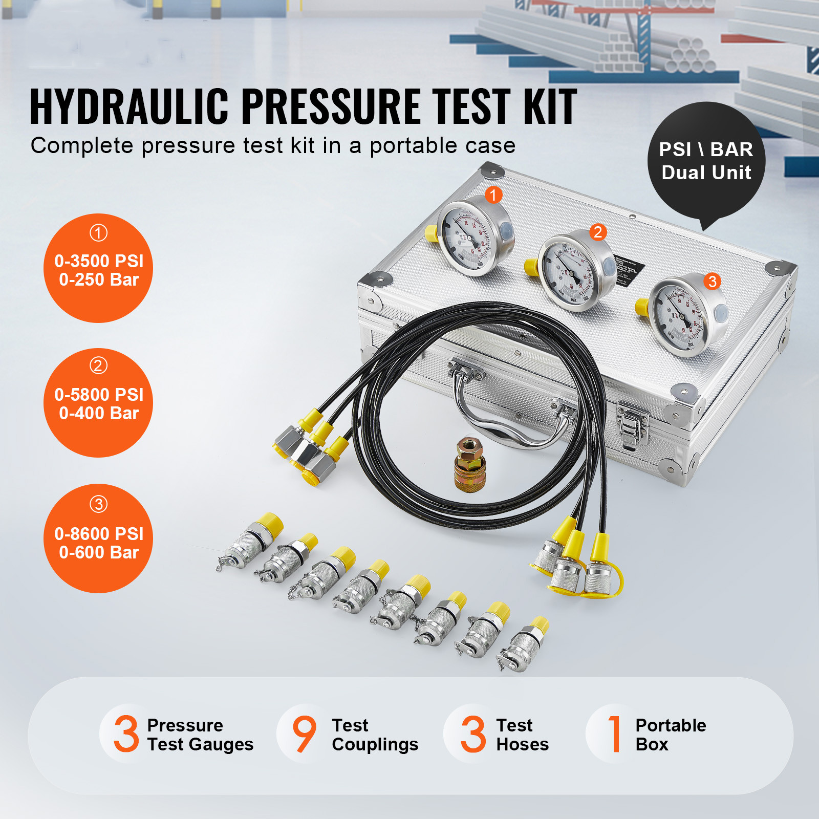Hydraulic Pressure Test Kit 3 Gauges 9 Test Couplings 3 Test Hoses Case