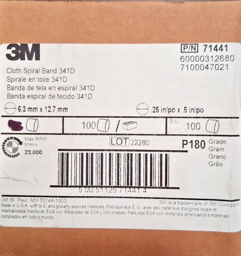 3M Aluminum Oxide Spiral Bands 341D P1801/4" x 1/2" QTY80 71441