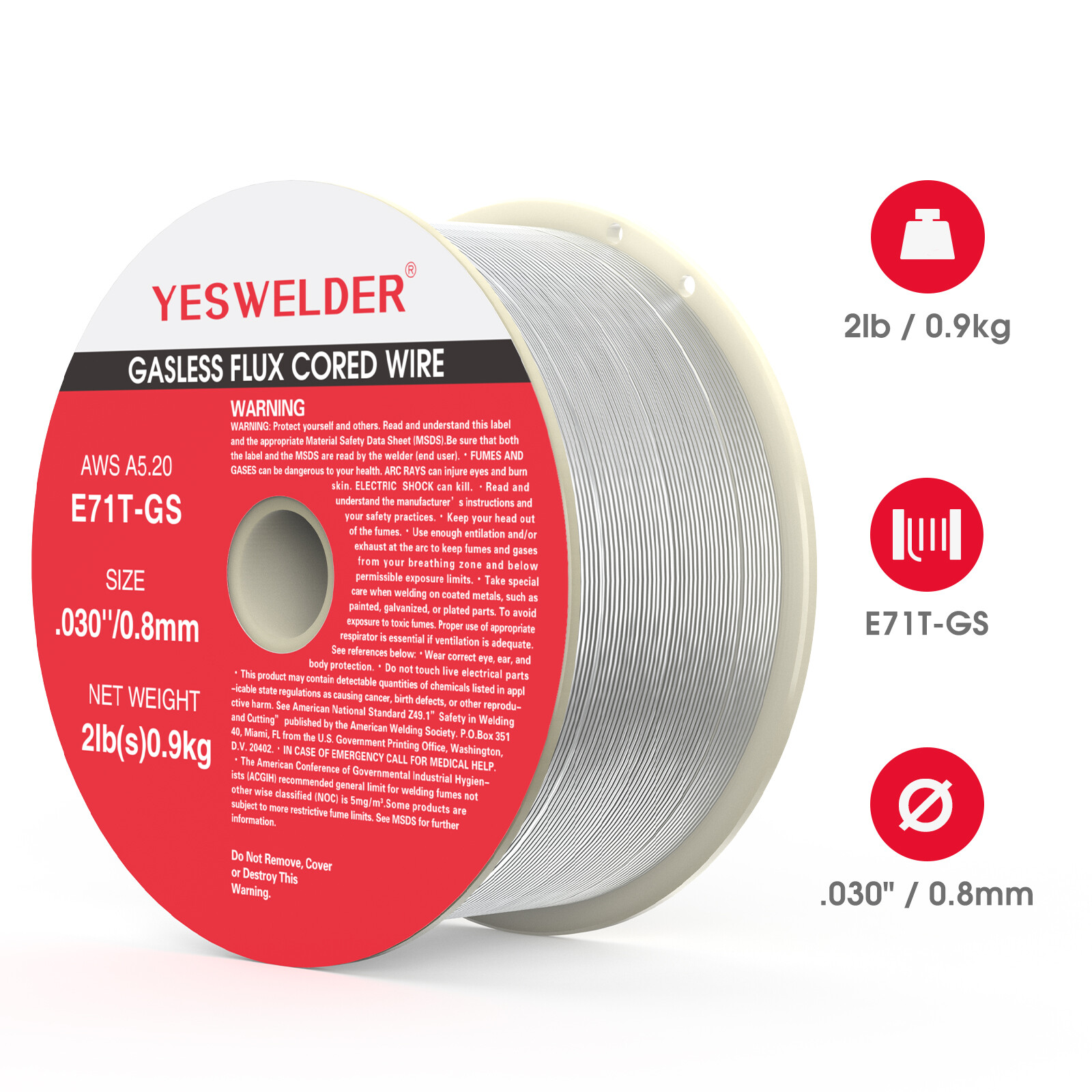 Gasless Flux Core Mig Wire, Mild Steel E71TGS .030″, 2-Pound Spool, 3 Rolls