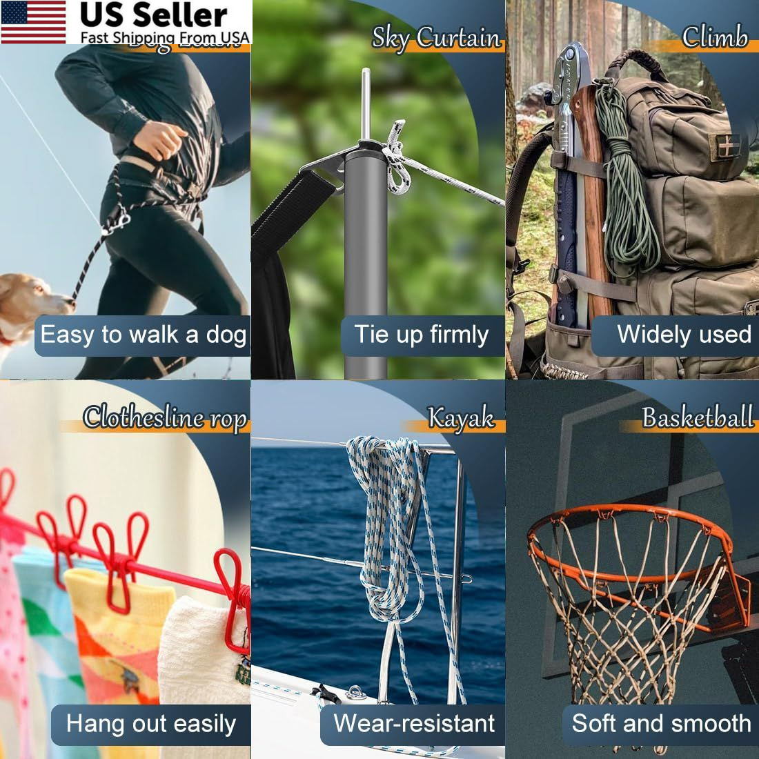 100ft 1/4 Polyester Utility Rope Strong Cord Flagpole Camping & Clothesline USA