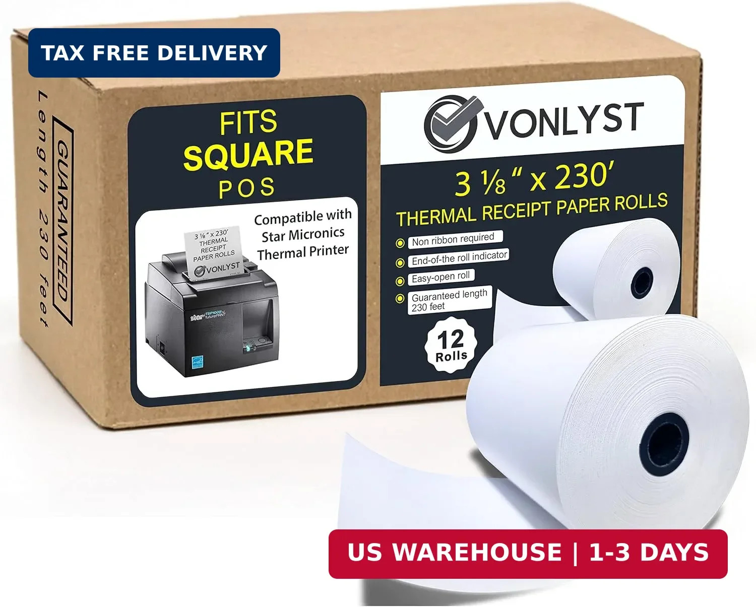 Receipt Paper Roll 3 1/8 x 230 for Square Register and Square POS System connect
