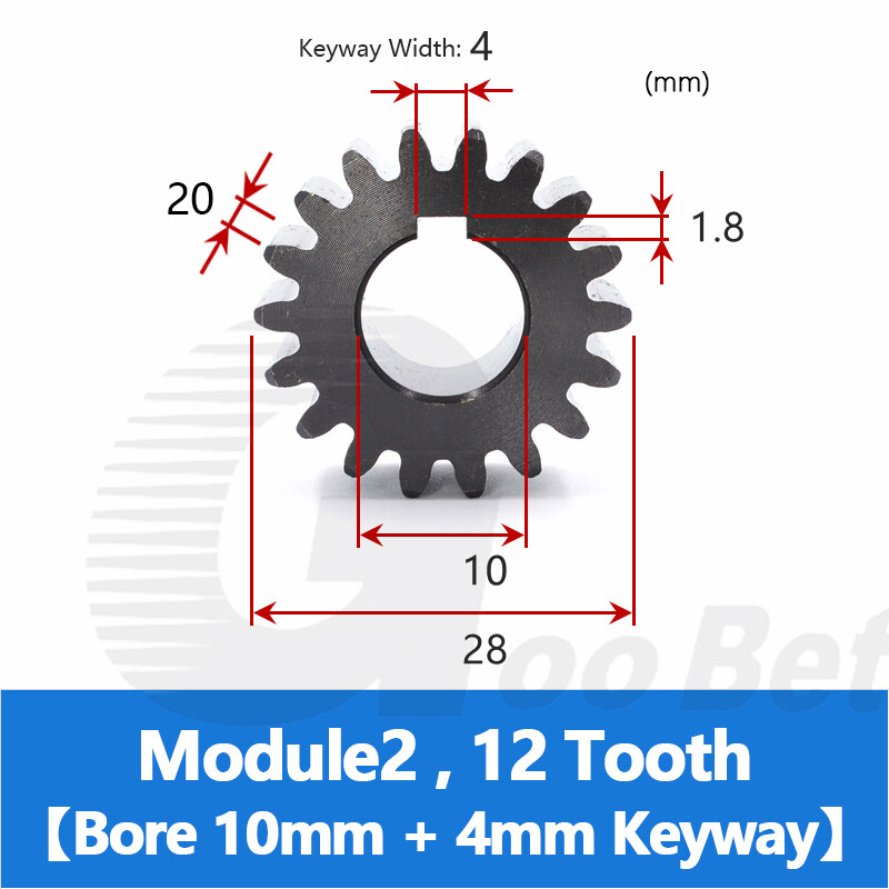 Spur Gear C45 Steel Black Oxided Module 2 Pinion 12-30 Tooth Keyway 10-32mm Flat