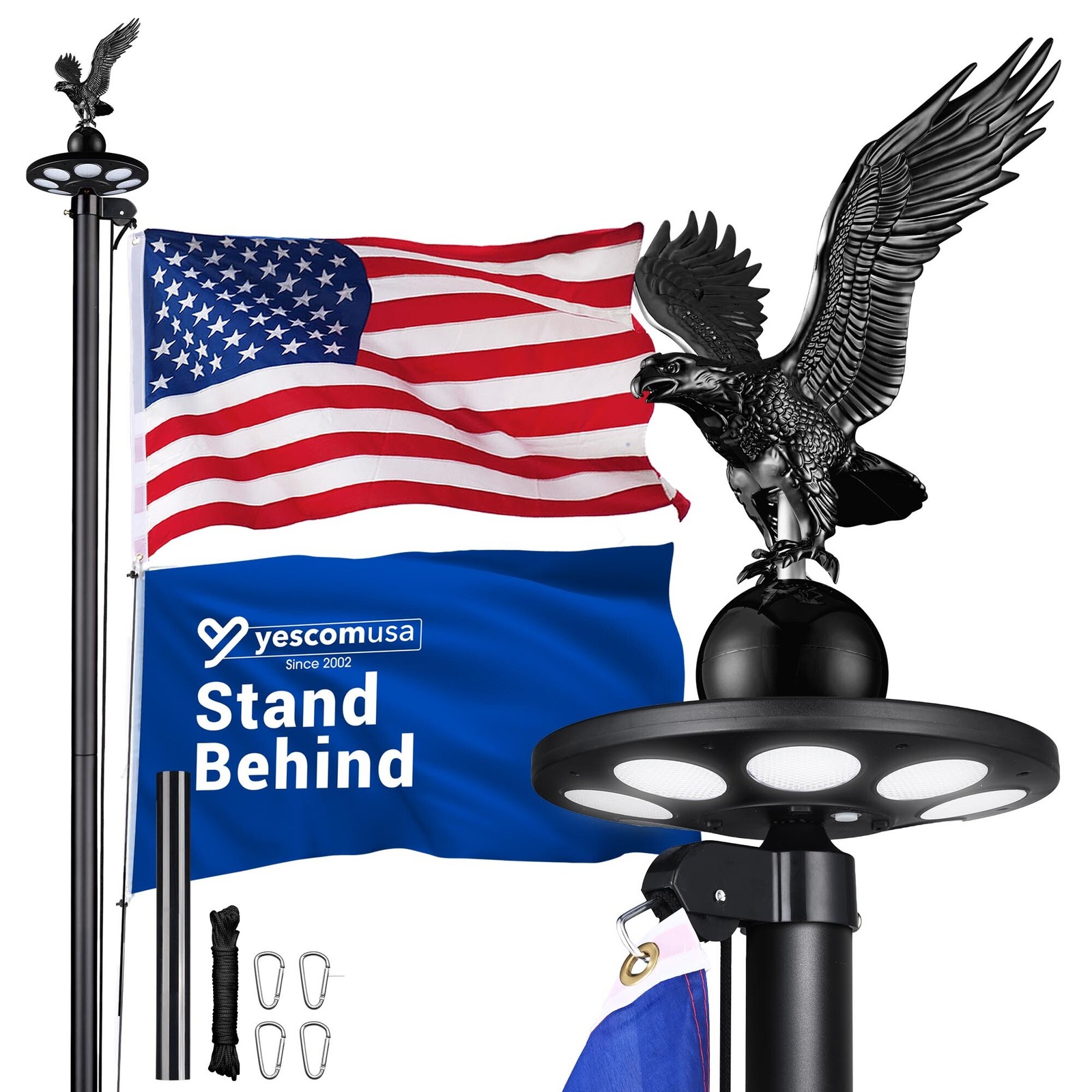 Yescom 20′ Sectional Aluminum Flag Pole Kit w/ Solar Light US Flag Eagle Topper