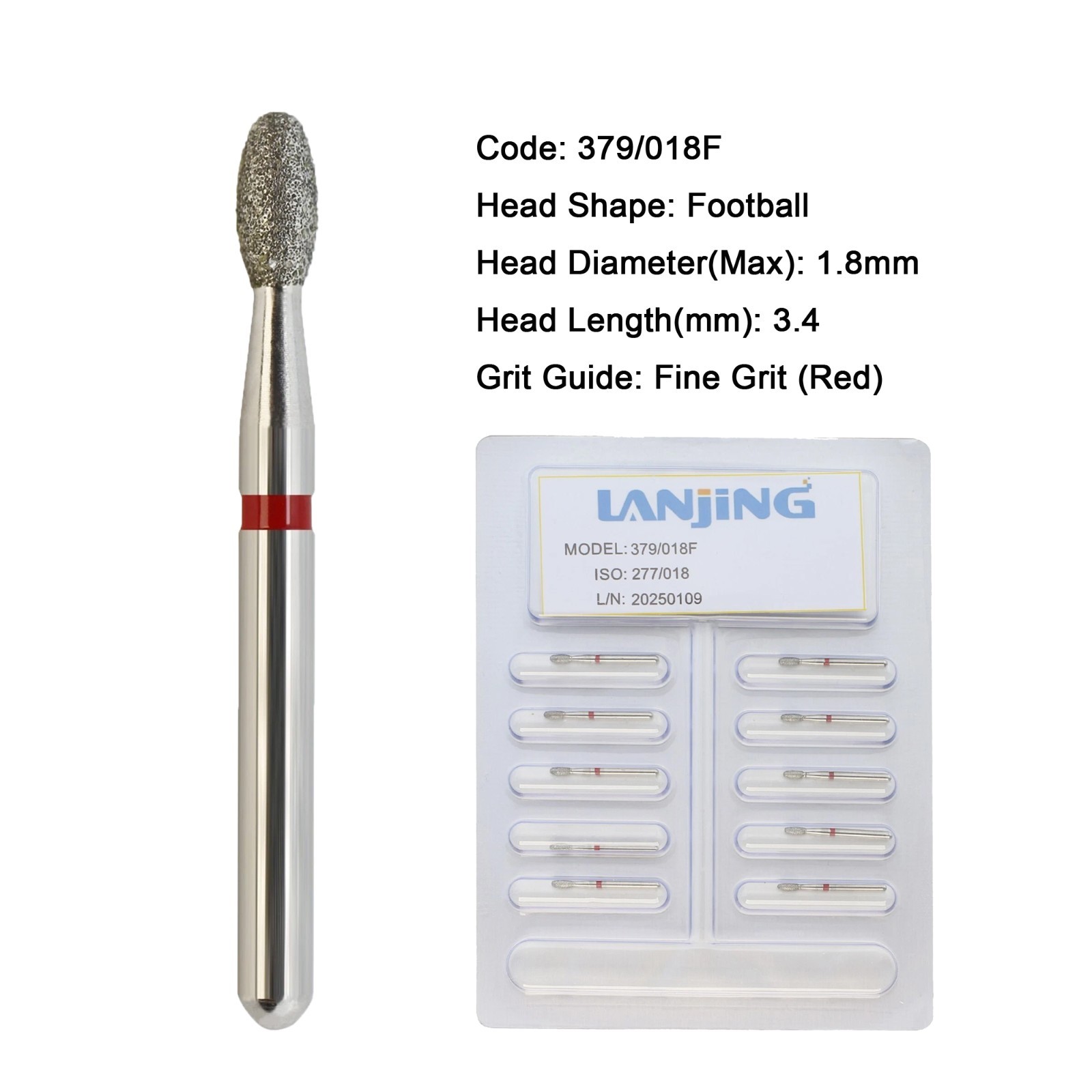 Dental Burs Diamond Egg Football Bur FG 379/018F Fine Grit Red for High Speed