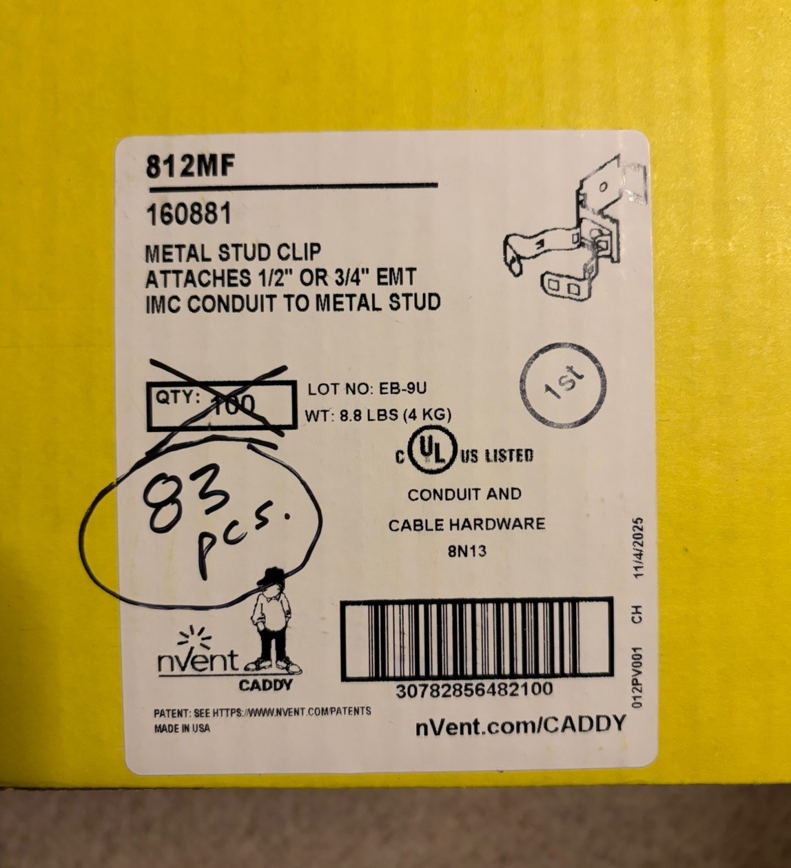 nVent Caddy 812MF. METAL STUD CLIP 1/2” Or 3/4”. 83 Pieces In Box.