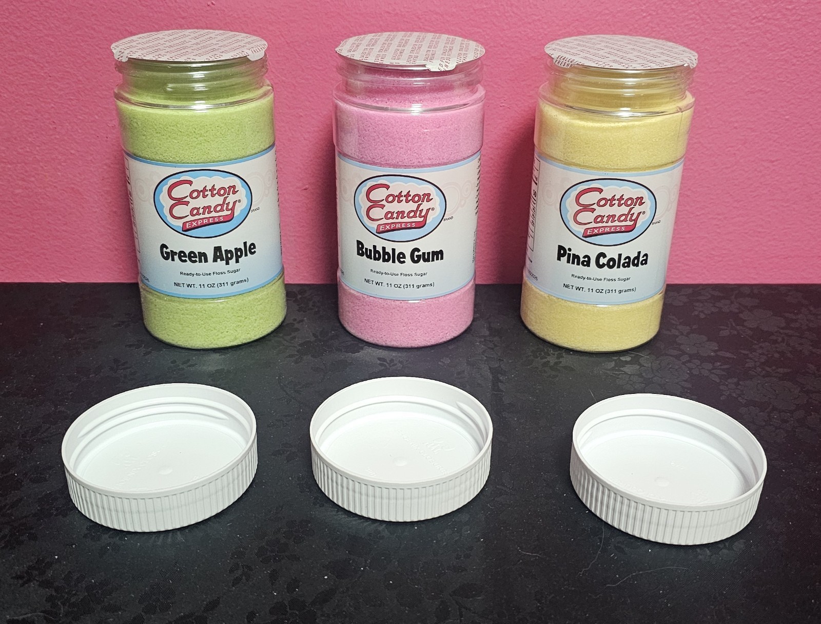 Cotton Candy Express Floss Sugar -3pk- Piña Colada, Green Apple, Bubble Gum NIB