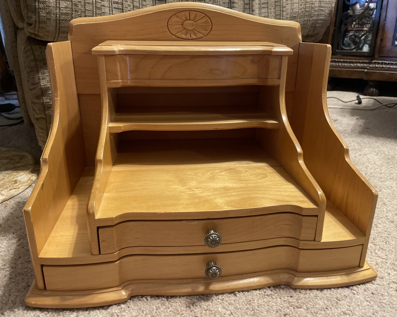 Wood Desk Top Organizer Wood Folder Paper Holder Two drawers. 15.5” W x 10.75 D