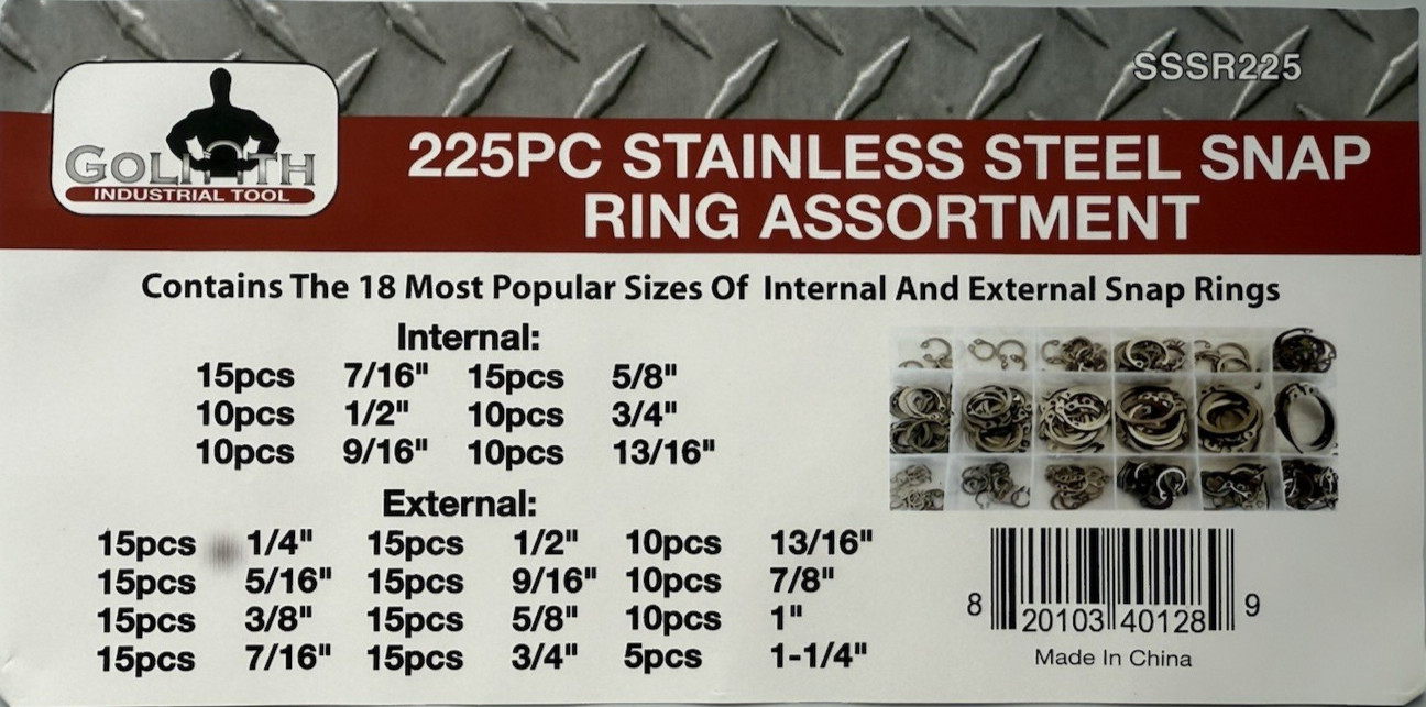 Goliath Industrial 225pc Stainless Steel Snap Ring Assortment ~ SSSR225