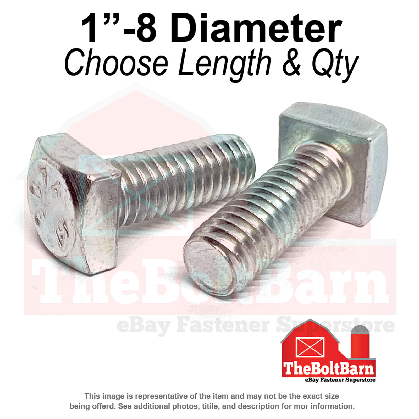 1″ Square Head Bolts Grade A307 Zinc Clear (Choose Length & Qty)