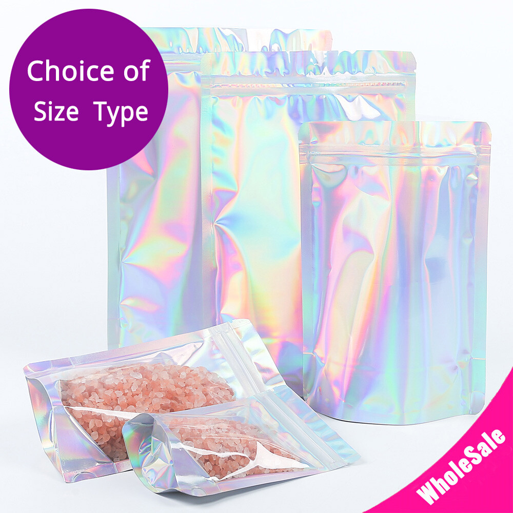 Assorted Size Clear Front Holographic Silver Mylar Stand Up Zip Lock Pouch Bag S