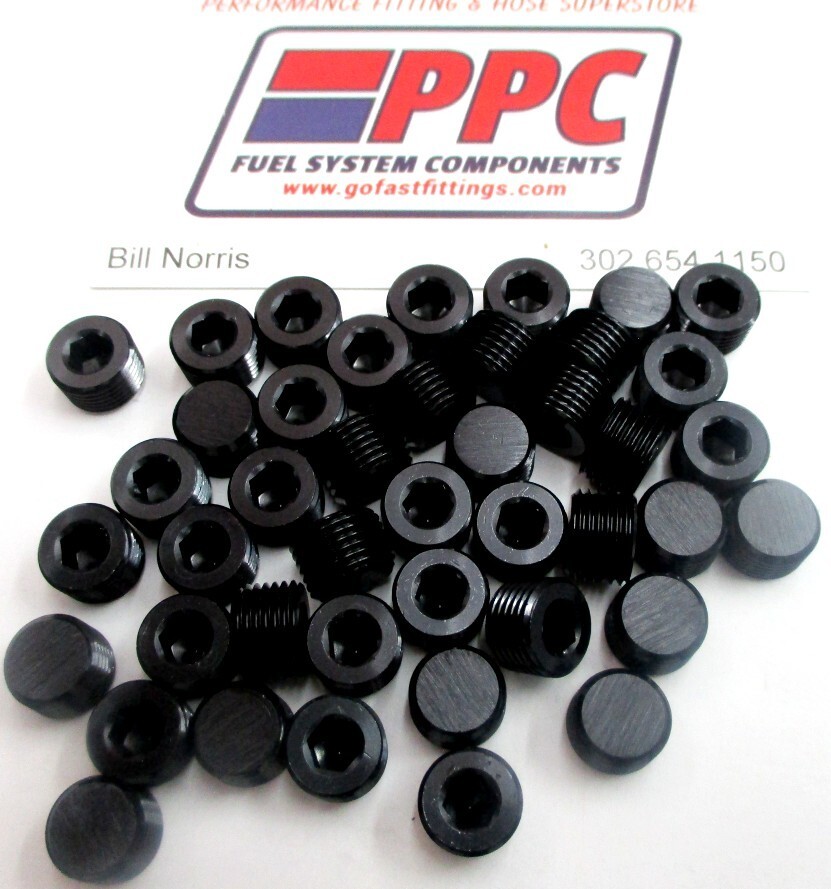 1/8″ NPT Pipe Plugs w/recessed allan head 50 per pkg Black anodized Aluminum