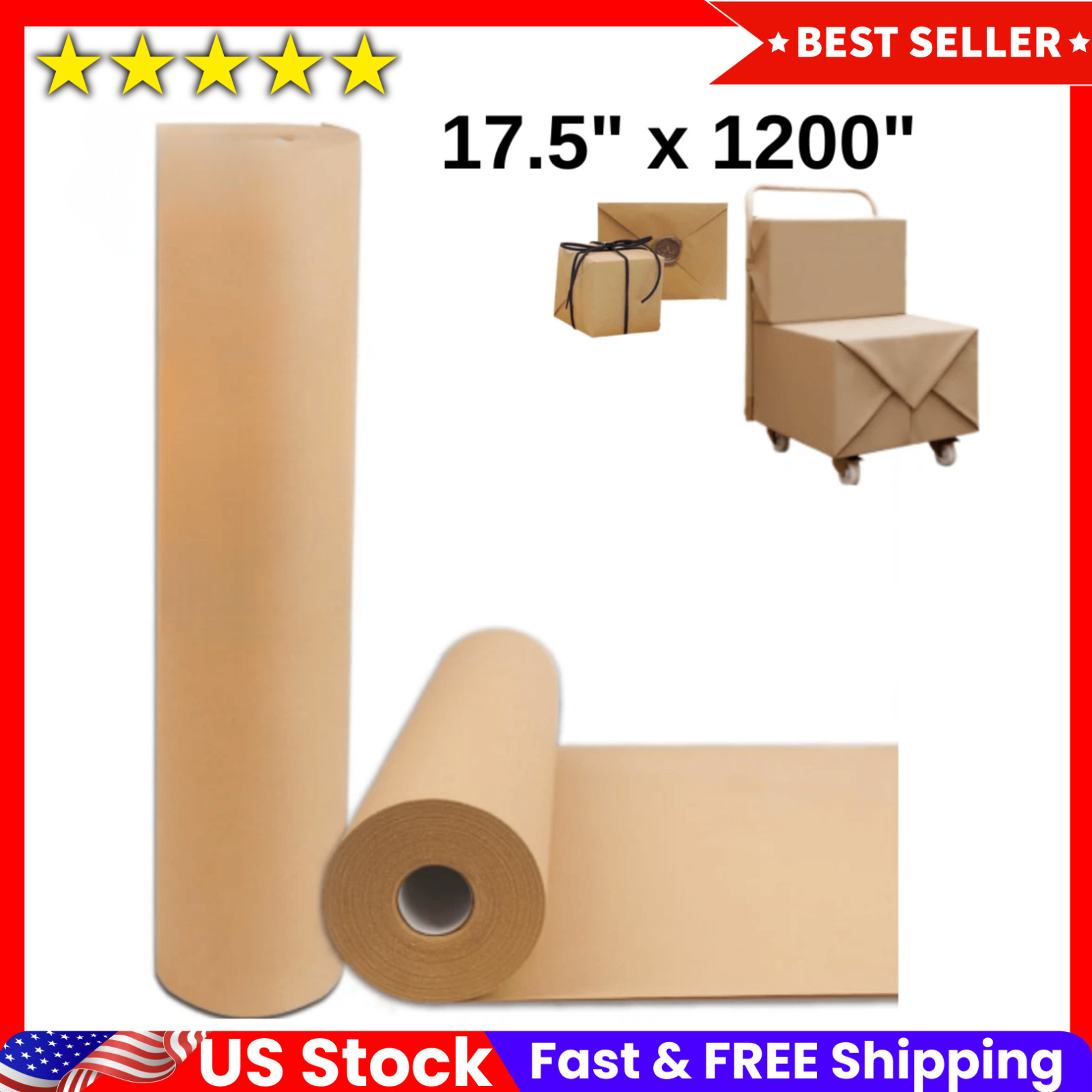 17.5″ x 1200” Brown Kraft Paper 70gsm Basis Thick Roll Packaging Shipping NEW**