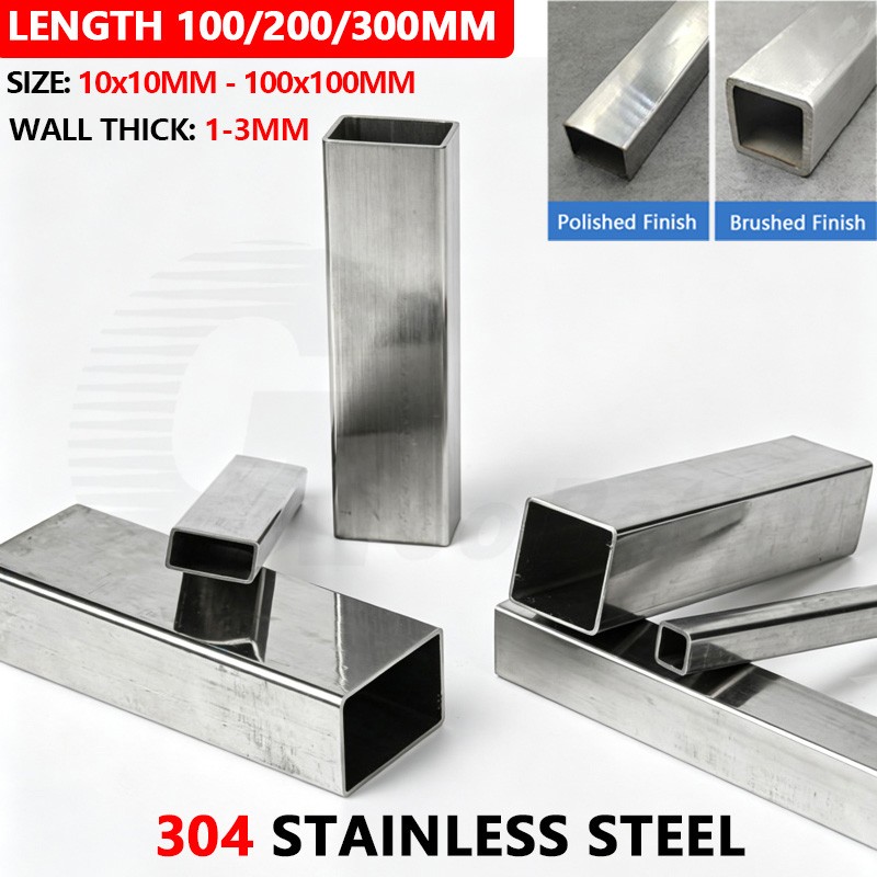 Stainless Steel 304 Square Tube 10-100mm Box Section Pipe 1-3mm Wall 100-300mm L