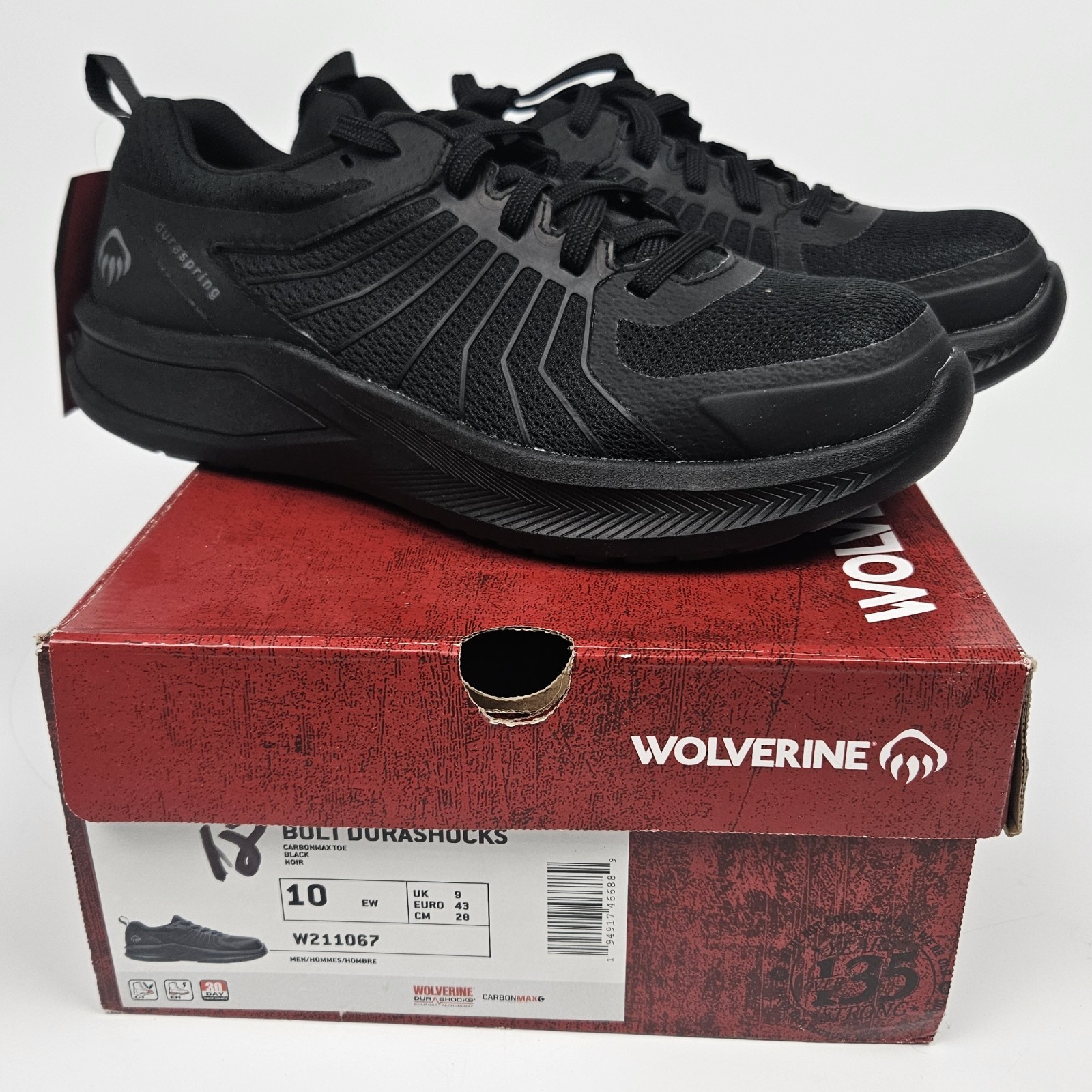 Wolverine Bolt Durashock Carbonmax Safety Toe Shoe Black Men 10W Slip Resistant