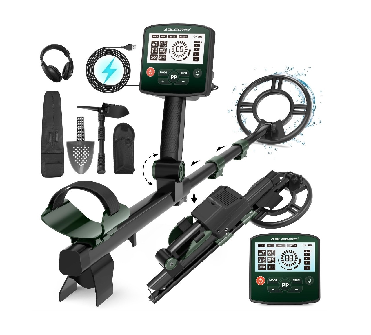 ABLEGRID Rechargeable Metal Detector for Adults, Professional Foldable IP67