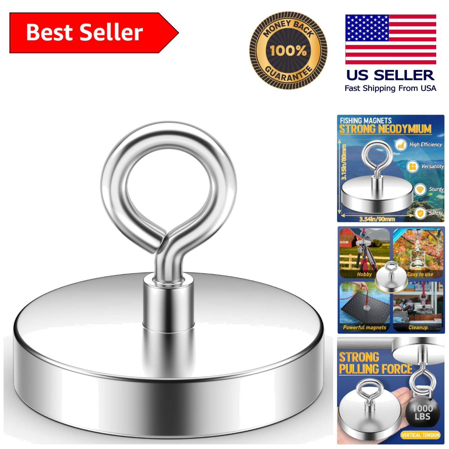 Heavy-Duty Neodymium Fishing Magnet – 1000 lbs Pulling Power, 3.54-Inch Diameter