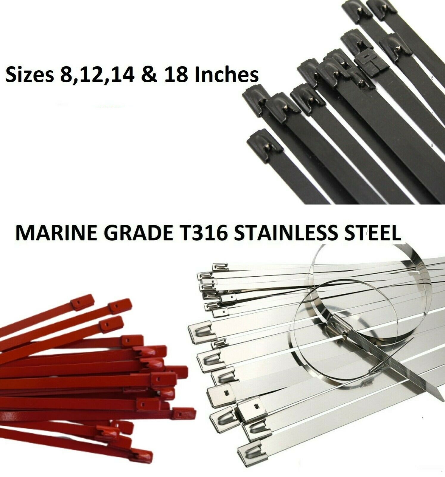 Universal T316 Stainless steel zip tie cable for exhaust header wrap Red black