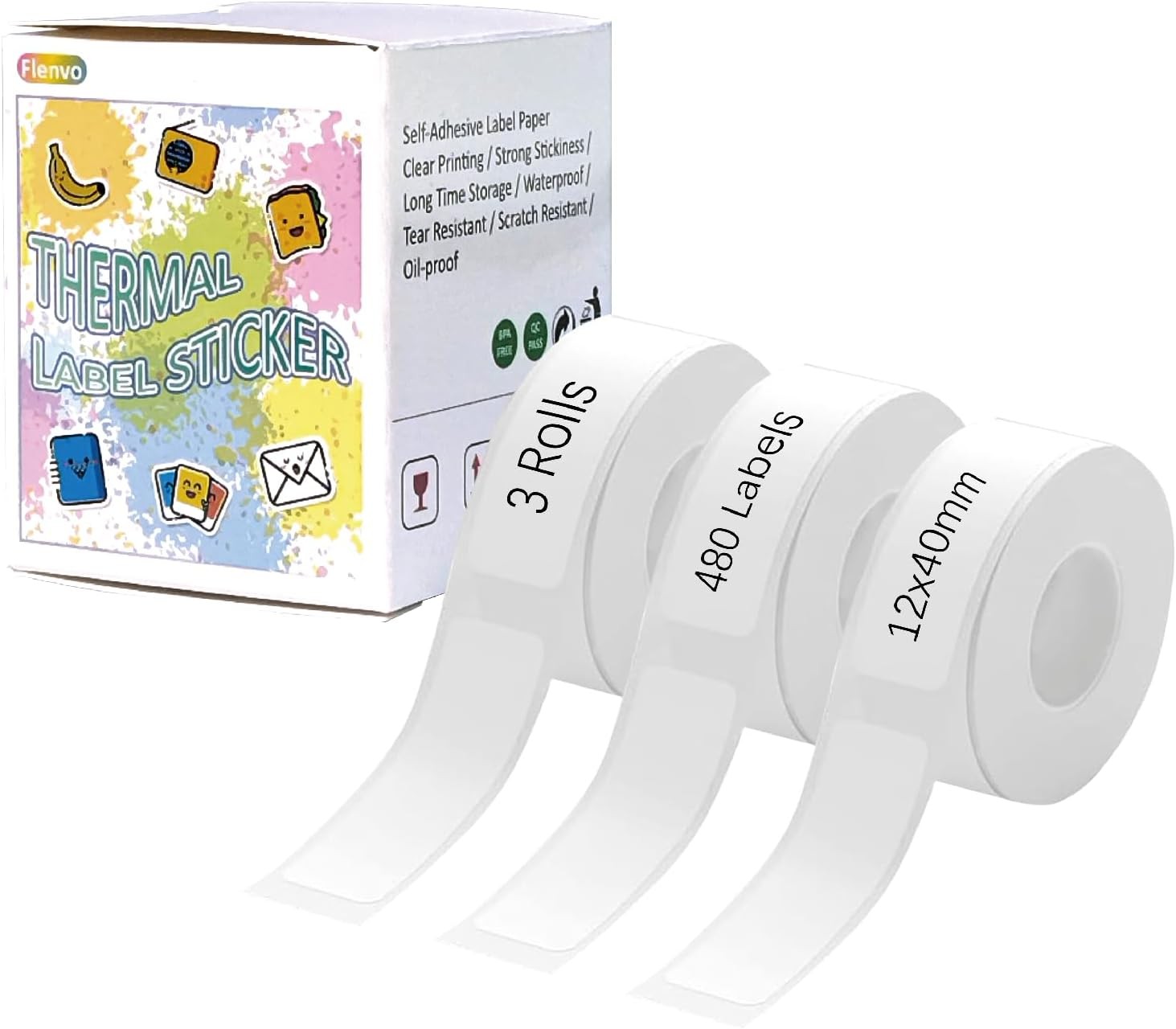 3 Rolls White D30 Label Tape, 480 Labels (12mm x 40mm / 0.47″ x 1.57″) Self-Adhe