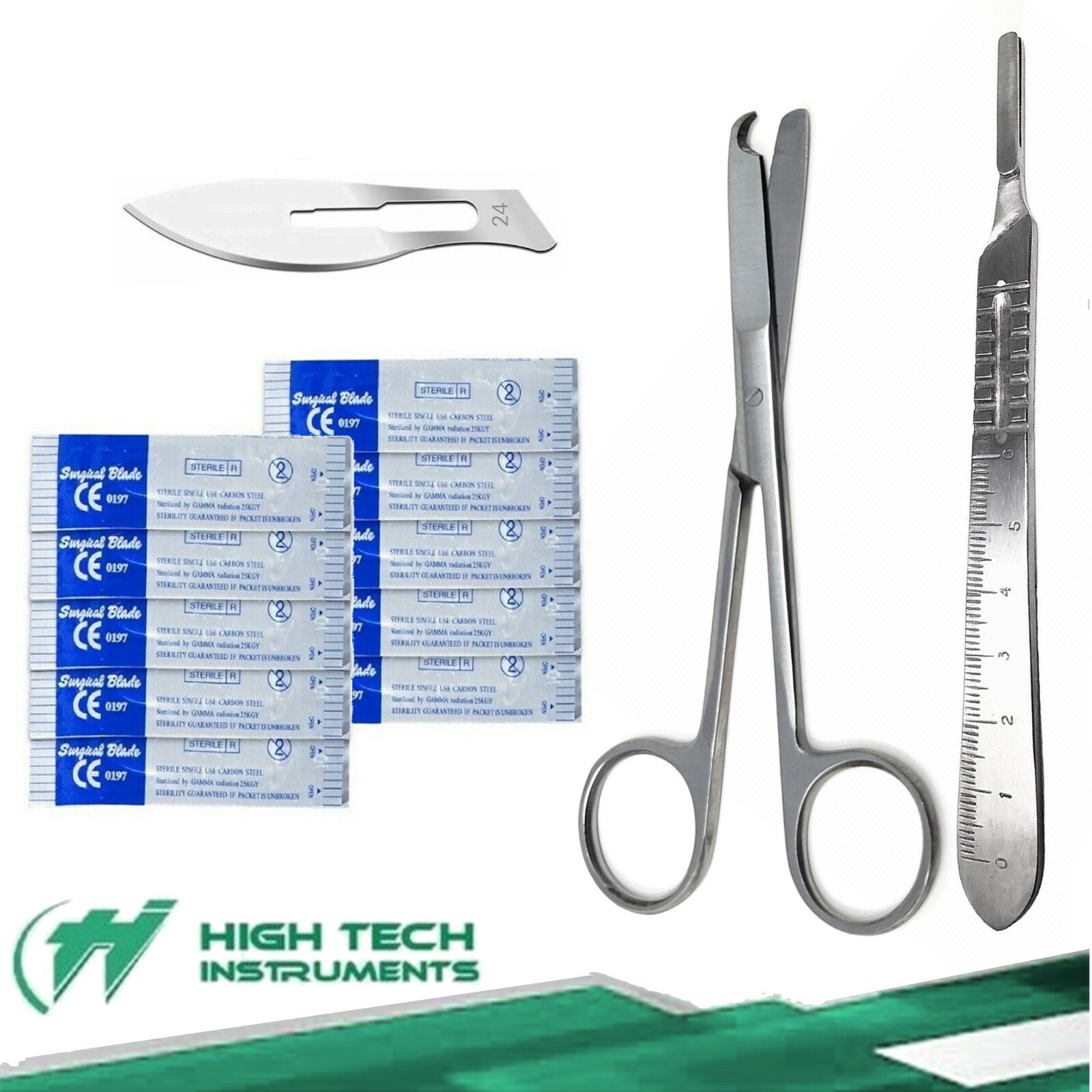 Suture Stitch Scissors 4.5″+Scalpel Handle #4 + 10 Surgical Blades #24