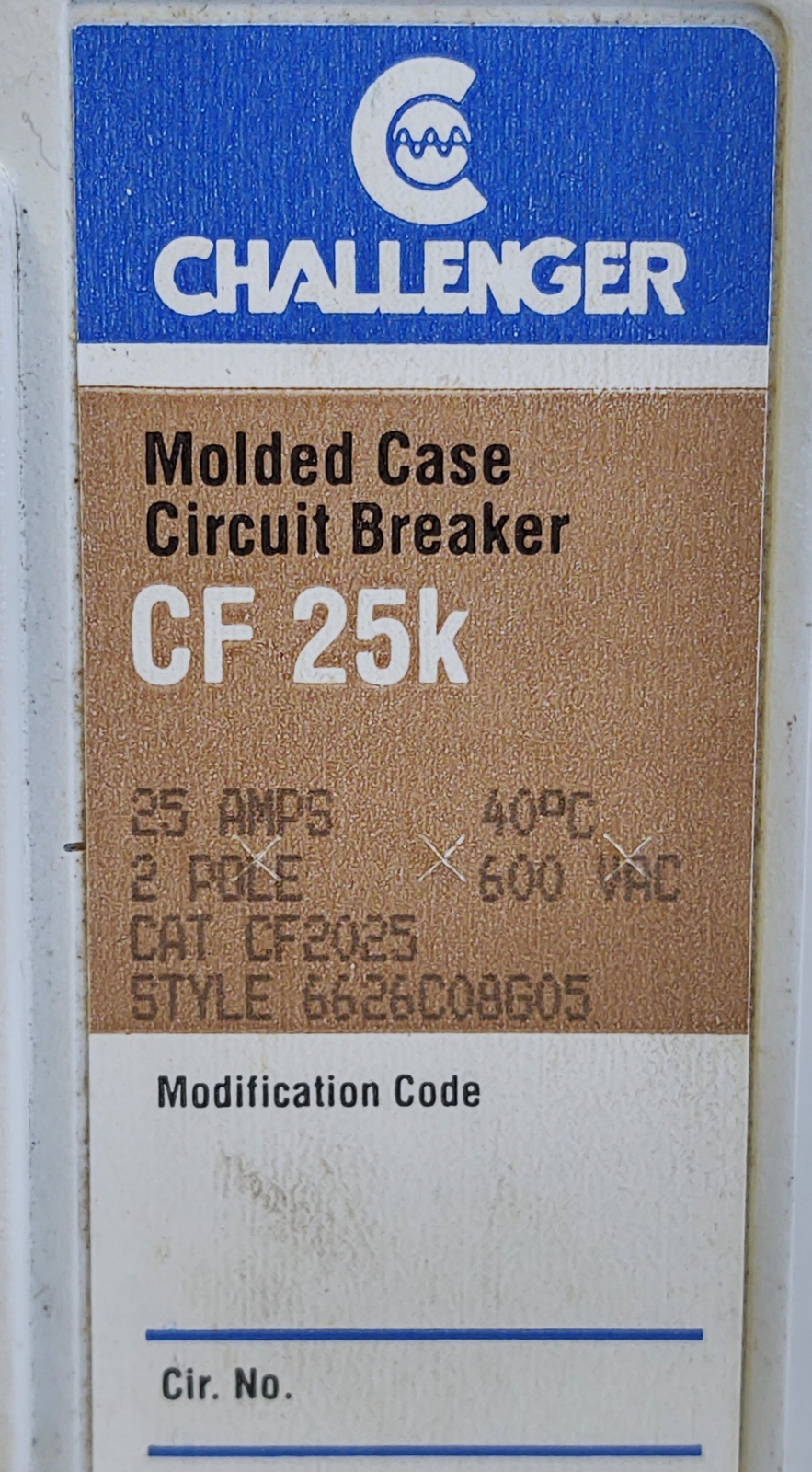 Challenger CF2025 2 Pole 600 VAC 25 A Circuit Breaker