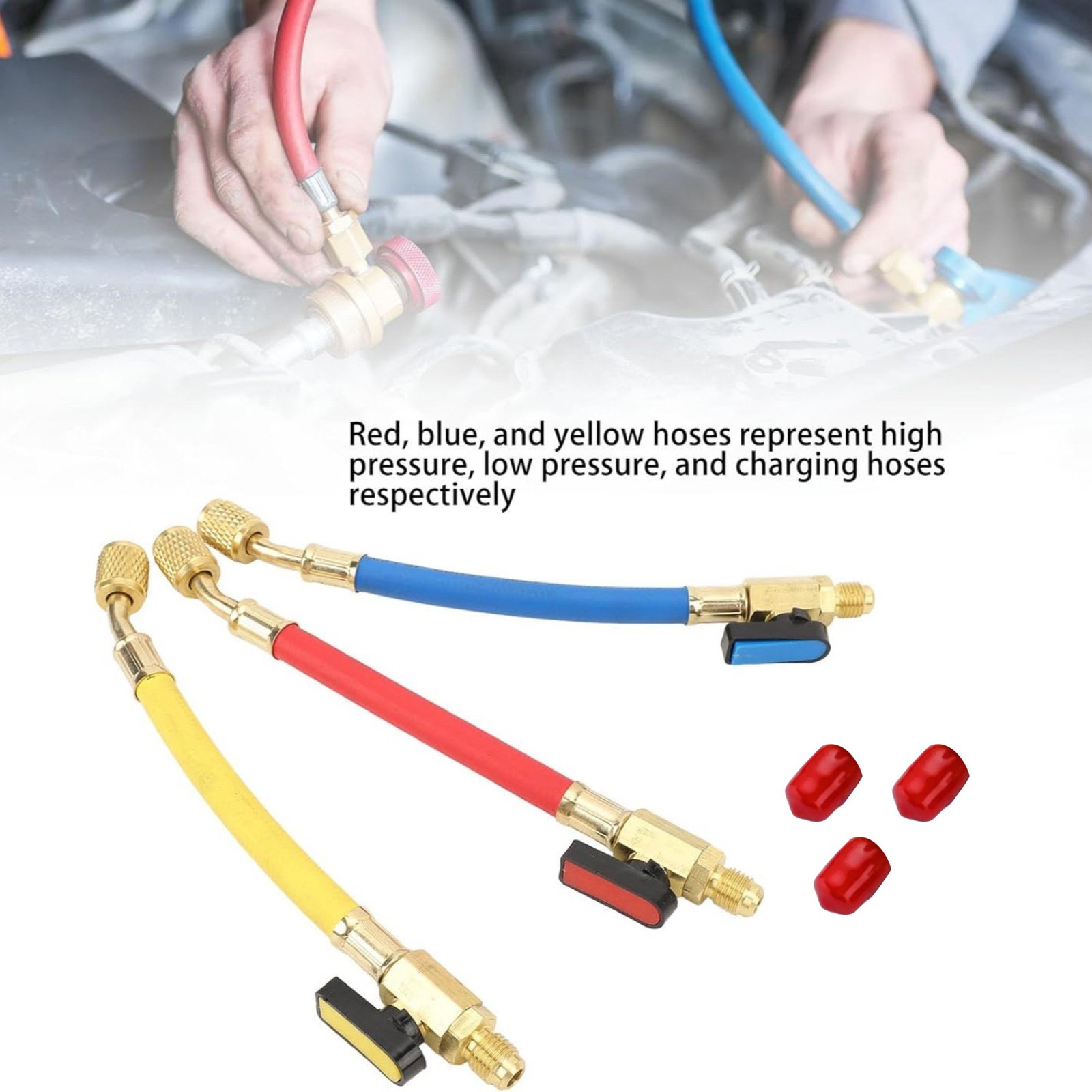 3pcs/set For R134A R410A R22 R12 Refrigerants Ball Valves Hose(Red/Yellow/Blue)